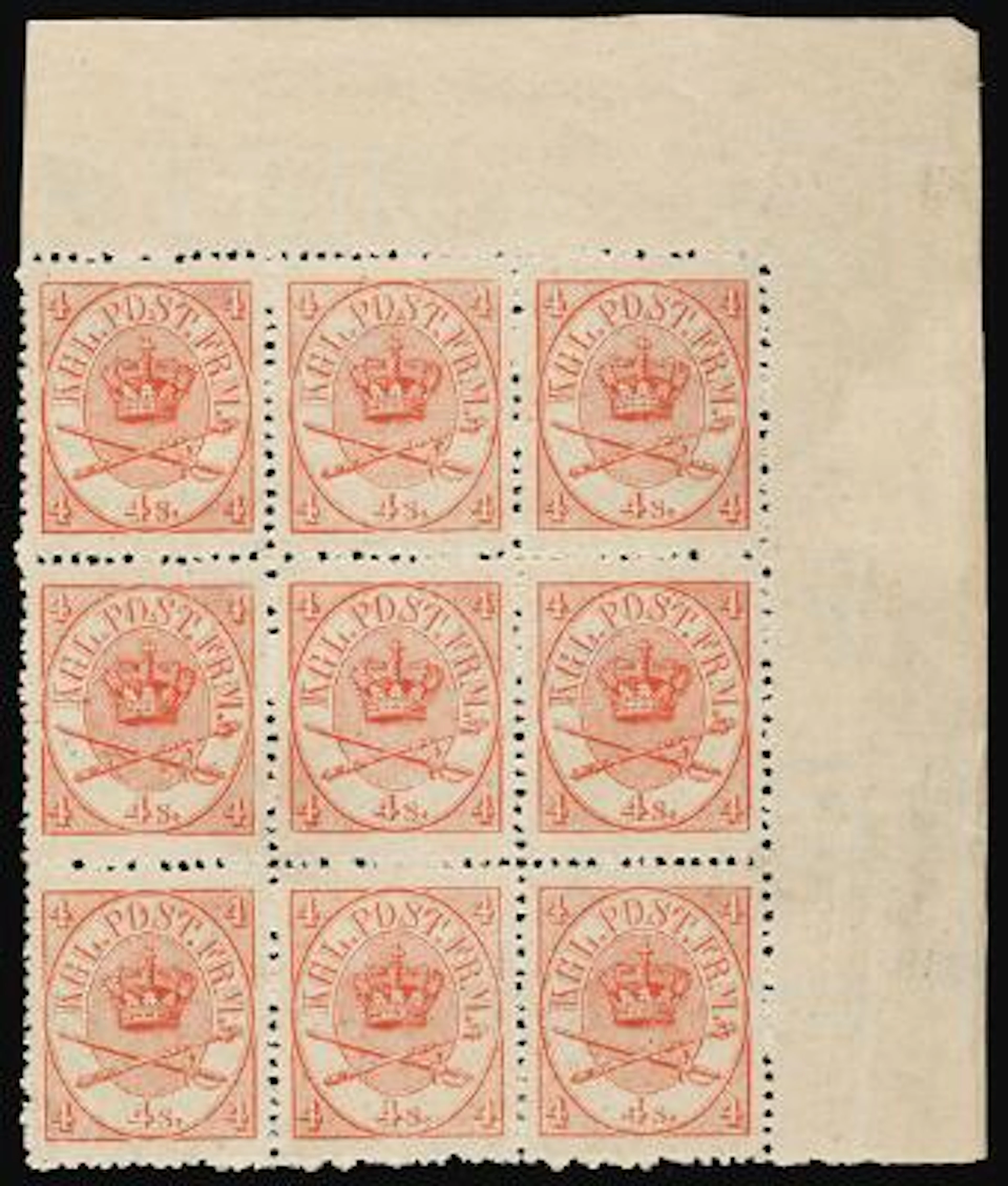 1864. 4 sk. 3.print. Pos. 8-10/28-30. SUPERB block of 9 with full