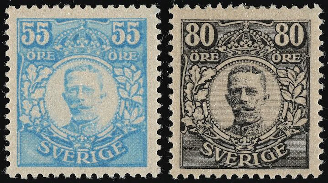Sweden. 1918. Gustaf V. Värnamo. 55 Öre, light blue and 80 Öre, grey