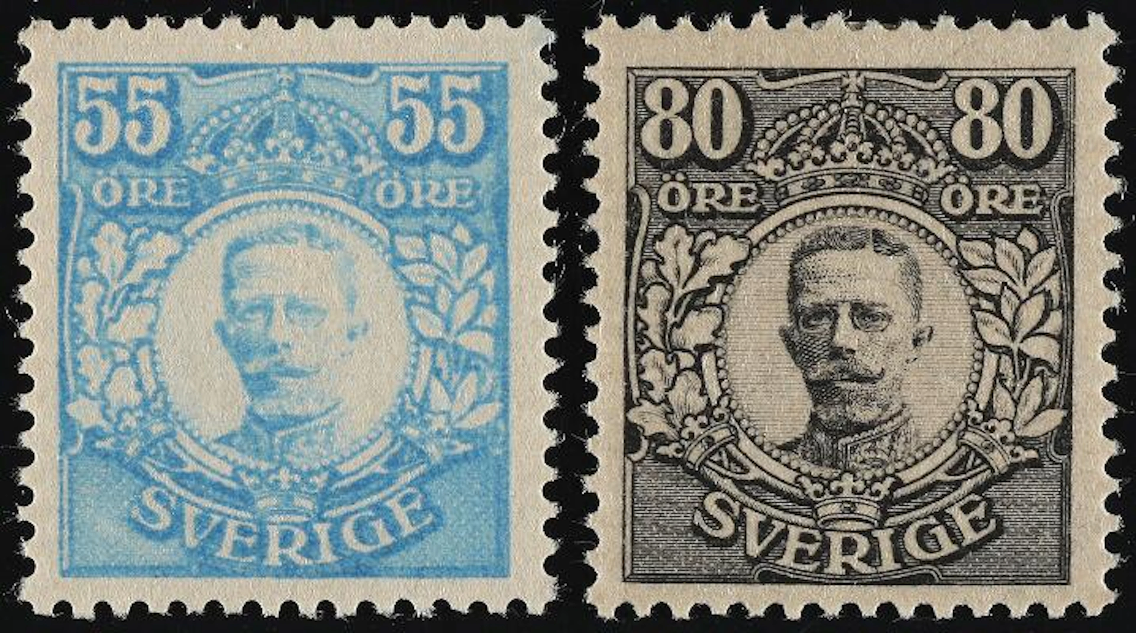 Sweden. 1918. Gustaf V. Värnamo. 55 Öre, light blue and 80 Öre, grey