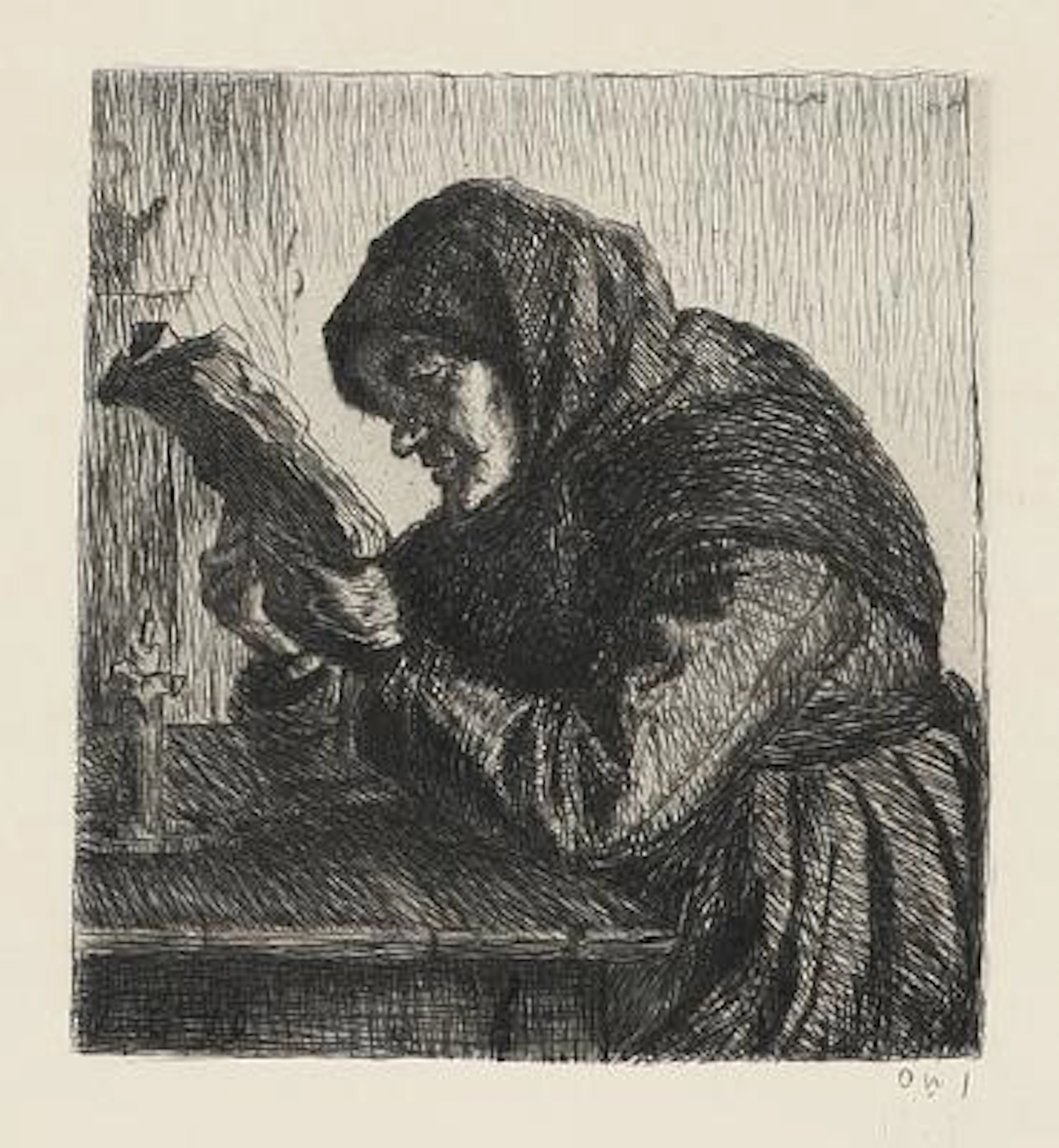 Anna Ancher: “Læsende gammle Kone”. Reading old woman. Opus 1. Signed