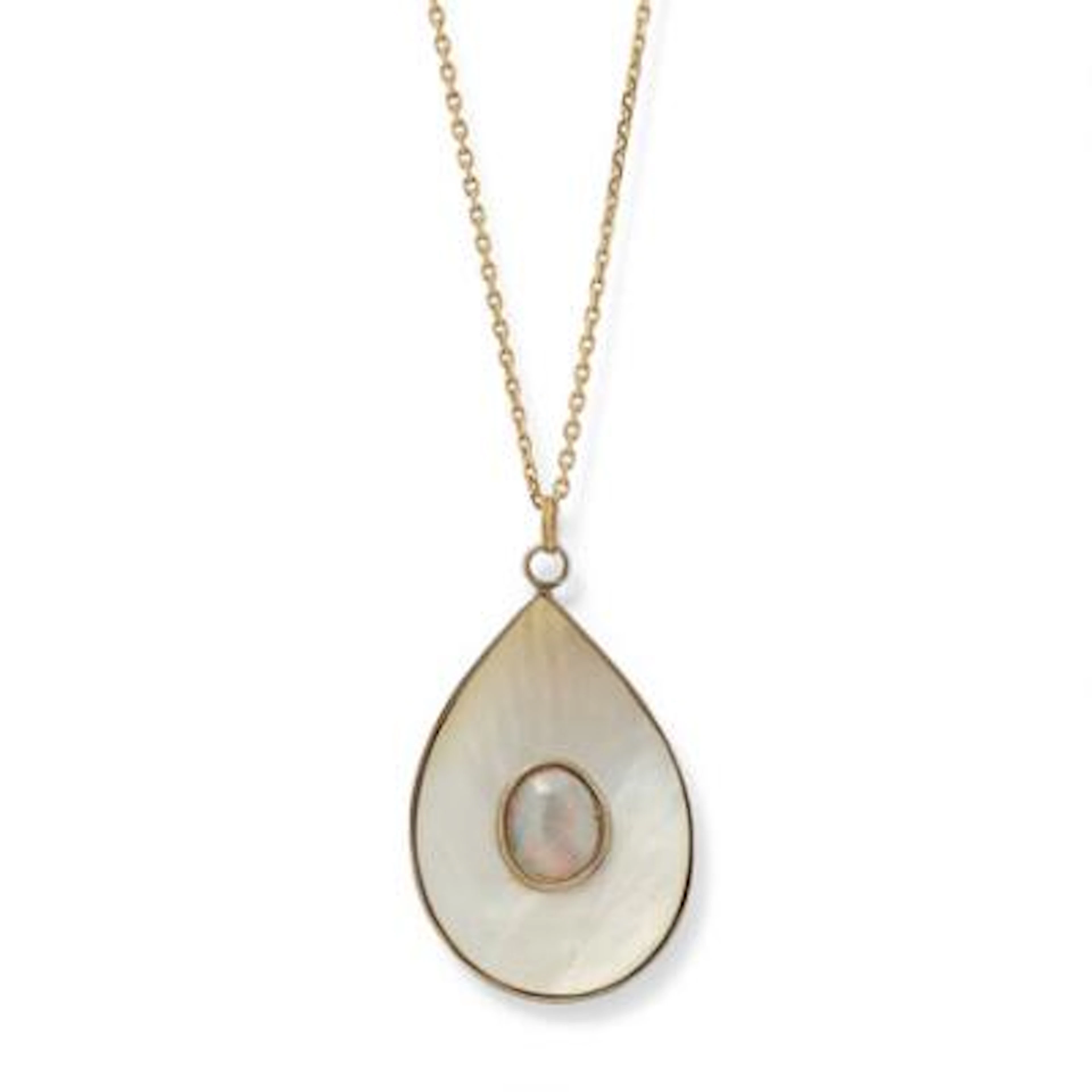 An opal and mother of pearl pendant, mounted in gilded silver. Accompanied