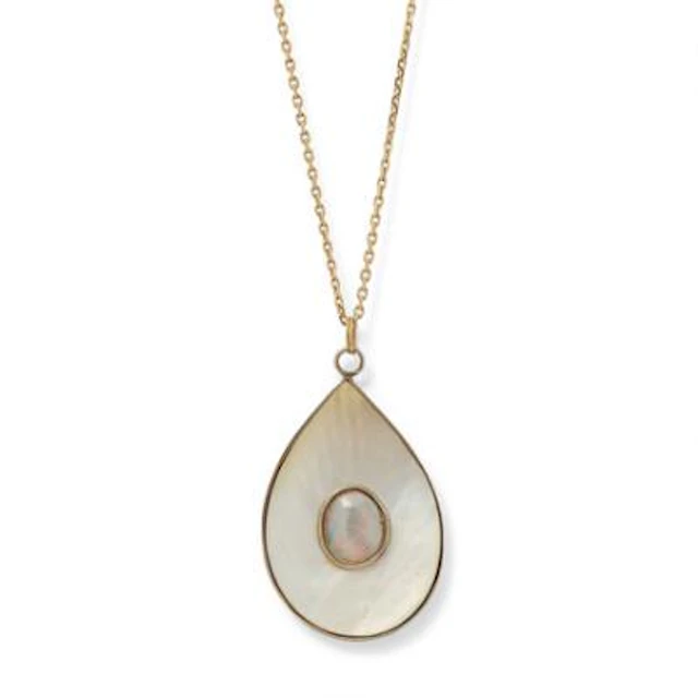 An opal and mother of pearl pendant, mounted in gilded silver. Accompanied