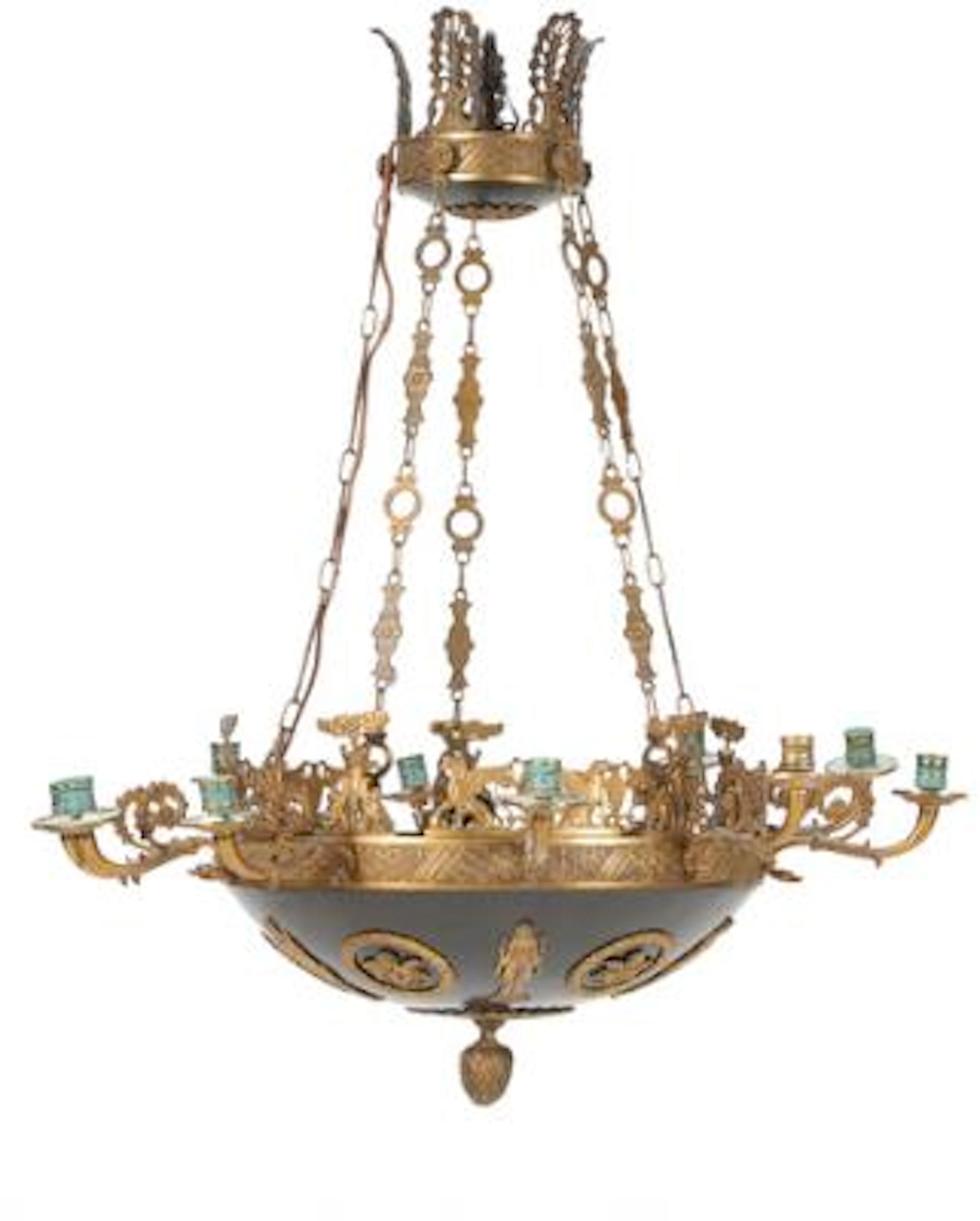 A French Empire gilt and patinated bronze chandelier with 10 light