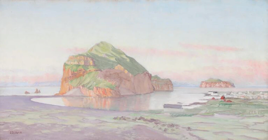 Engilbert Gislason: View from Vestmannaeyjar. Signed E. Gíslason.