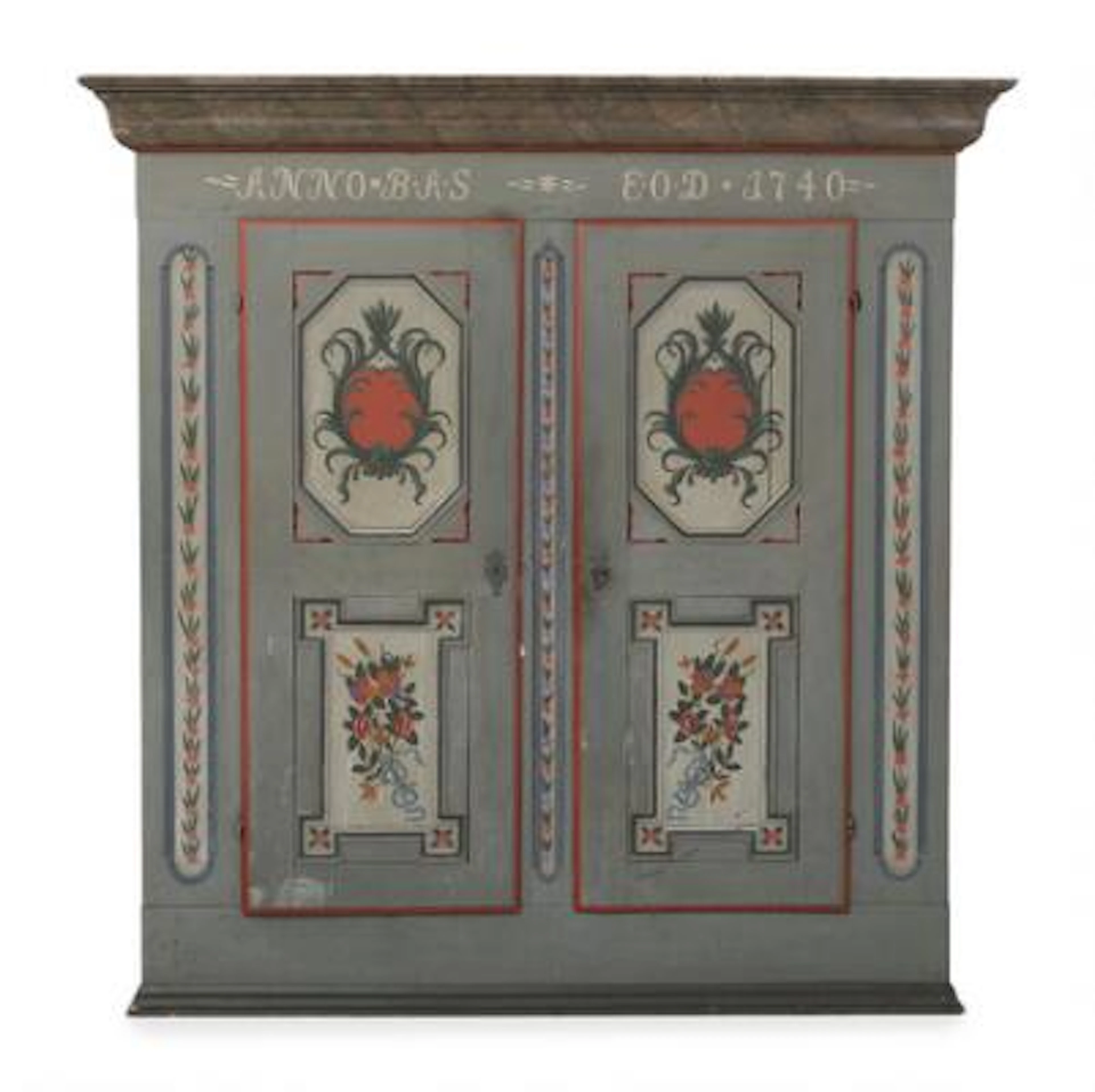 A Danish painted wooden folk cupboard. Mid-19th century. H. 187 cm.