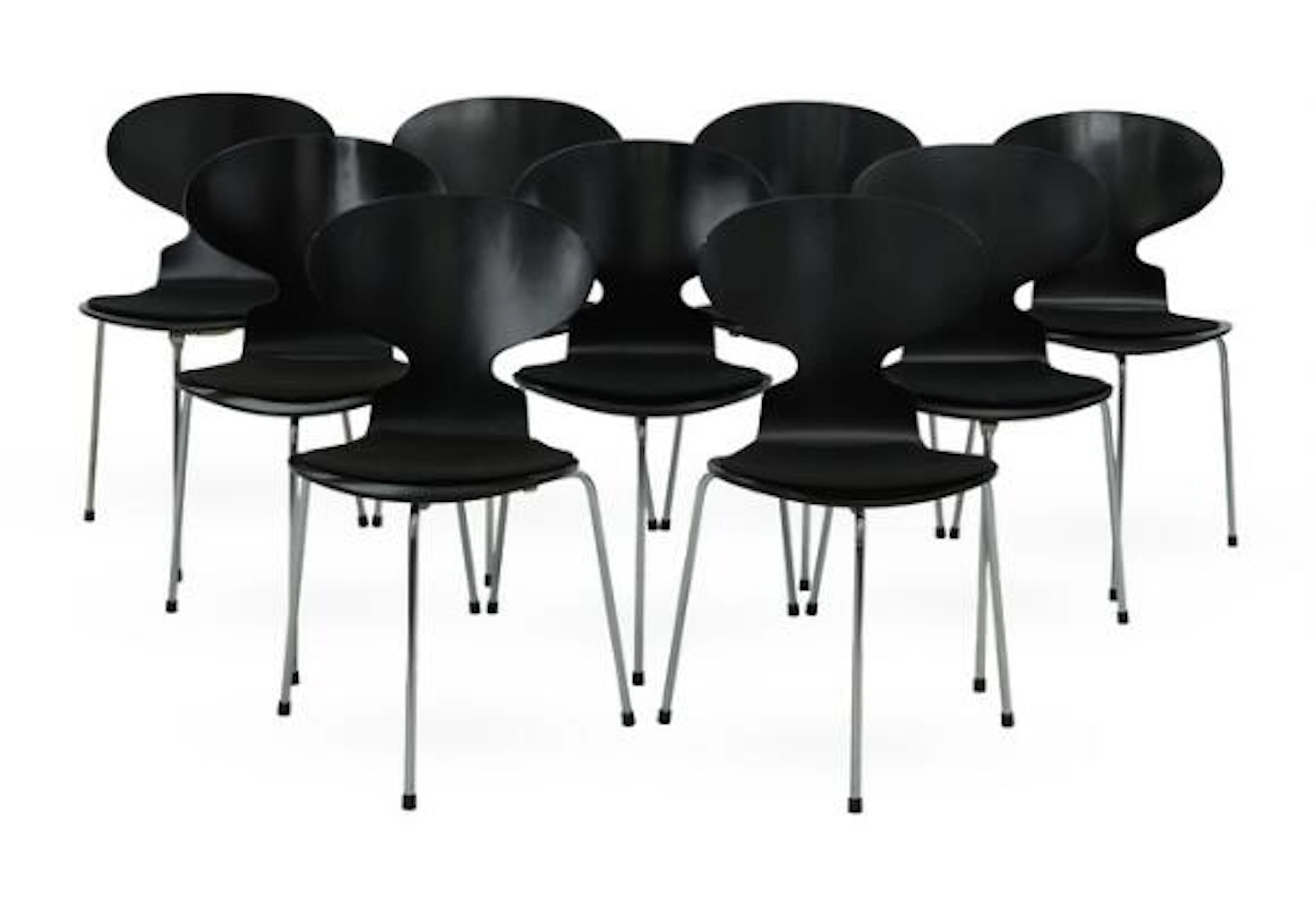 Arne Jacobsen: “Ant Chair”. Set of nine chairs with steel frame. Black
