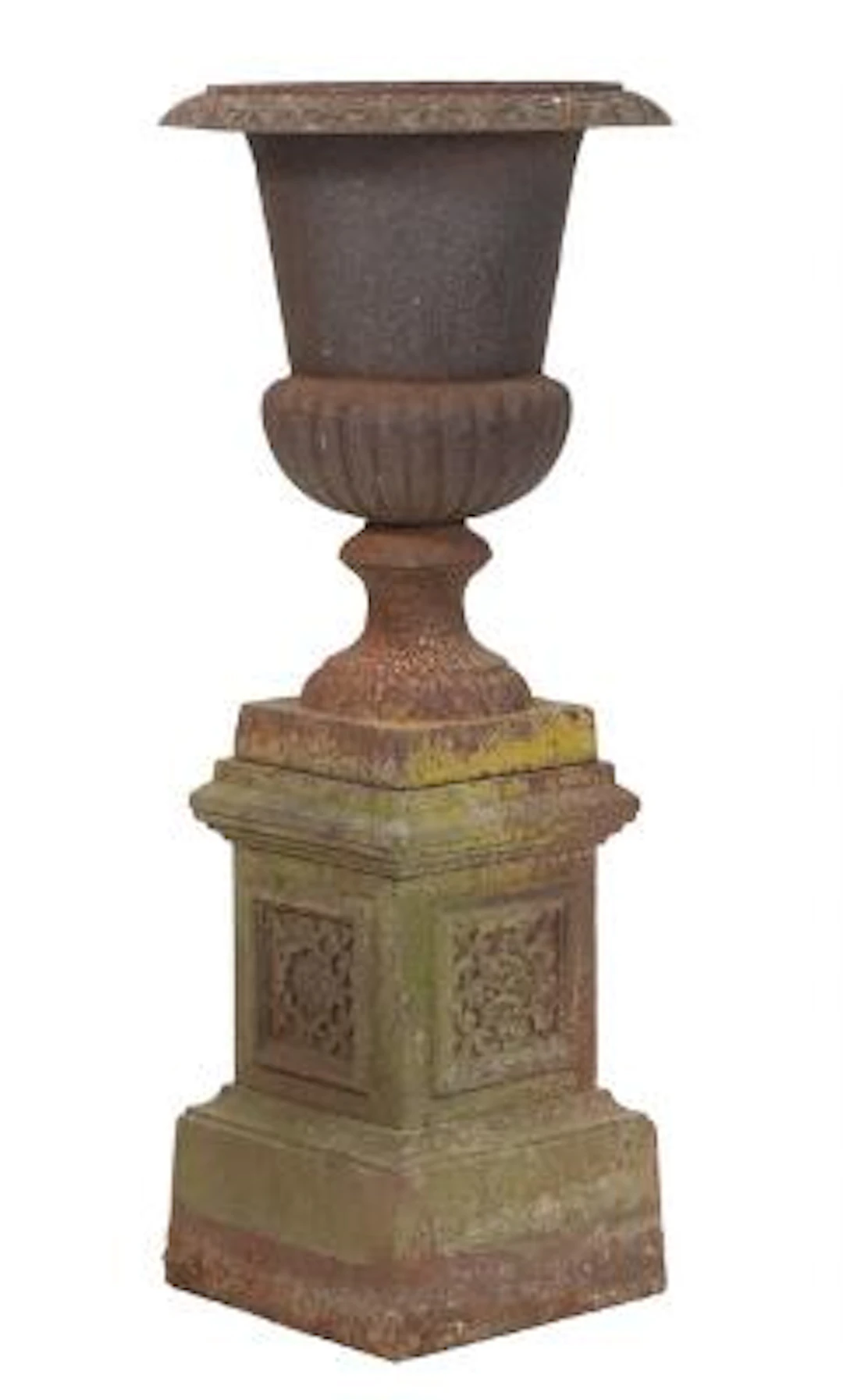 A 20th century French garden vase of patinated cast iron, mounted
