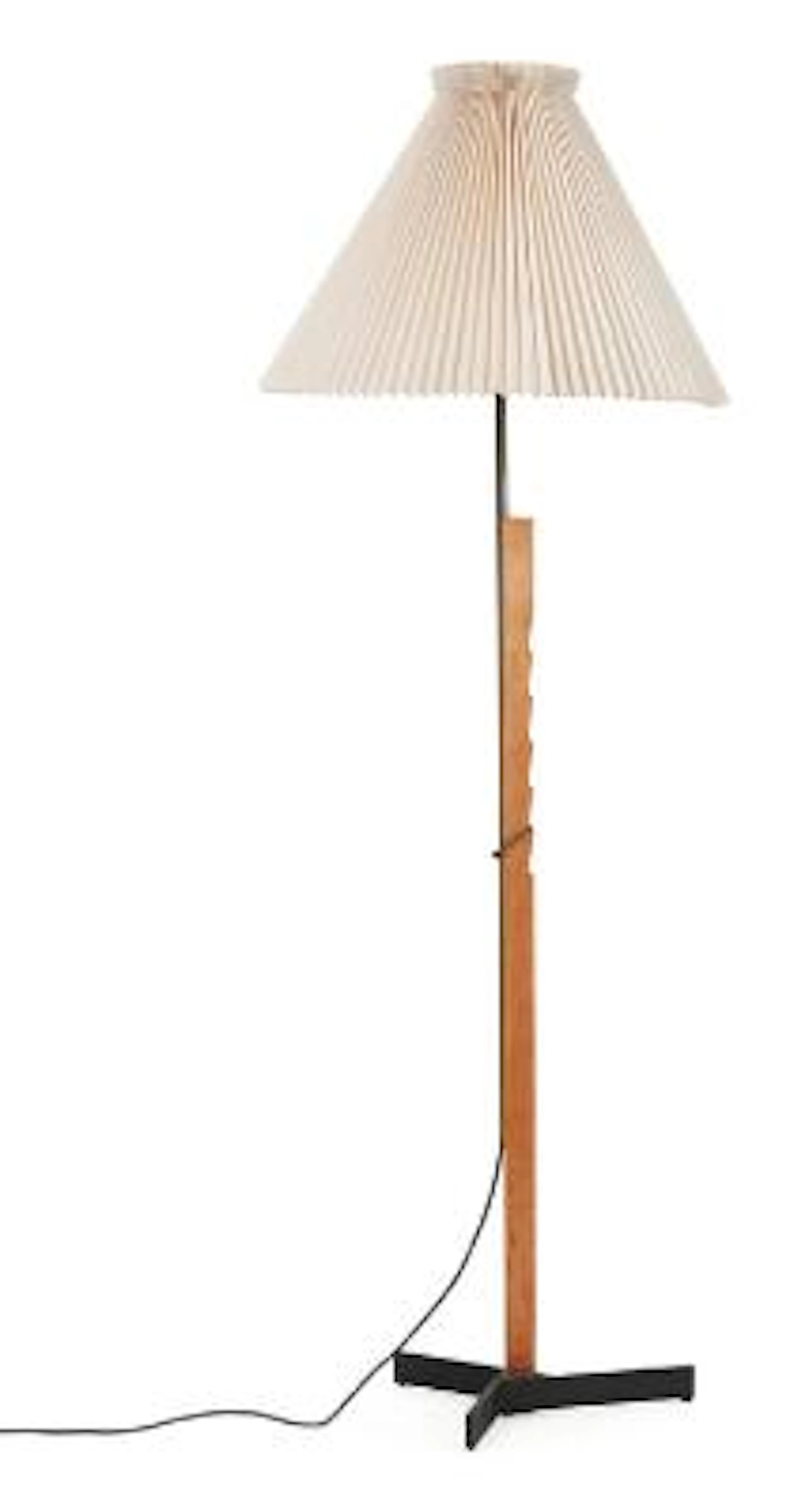 Danish design: A height adjustable oak and brass floor lamp on iron