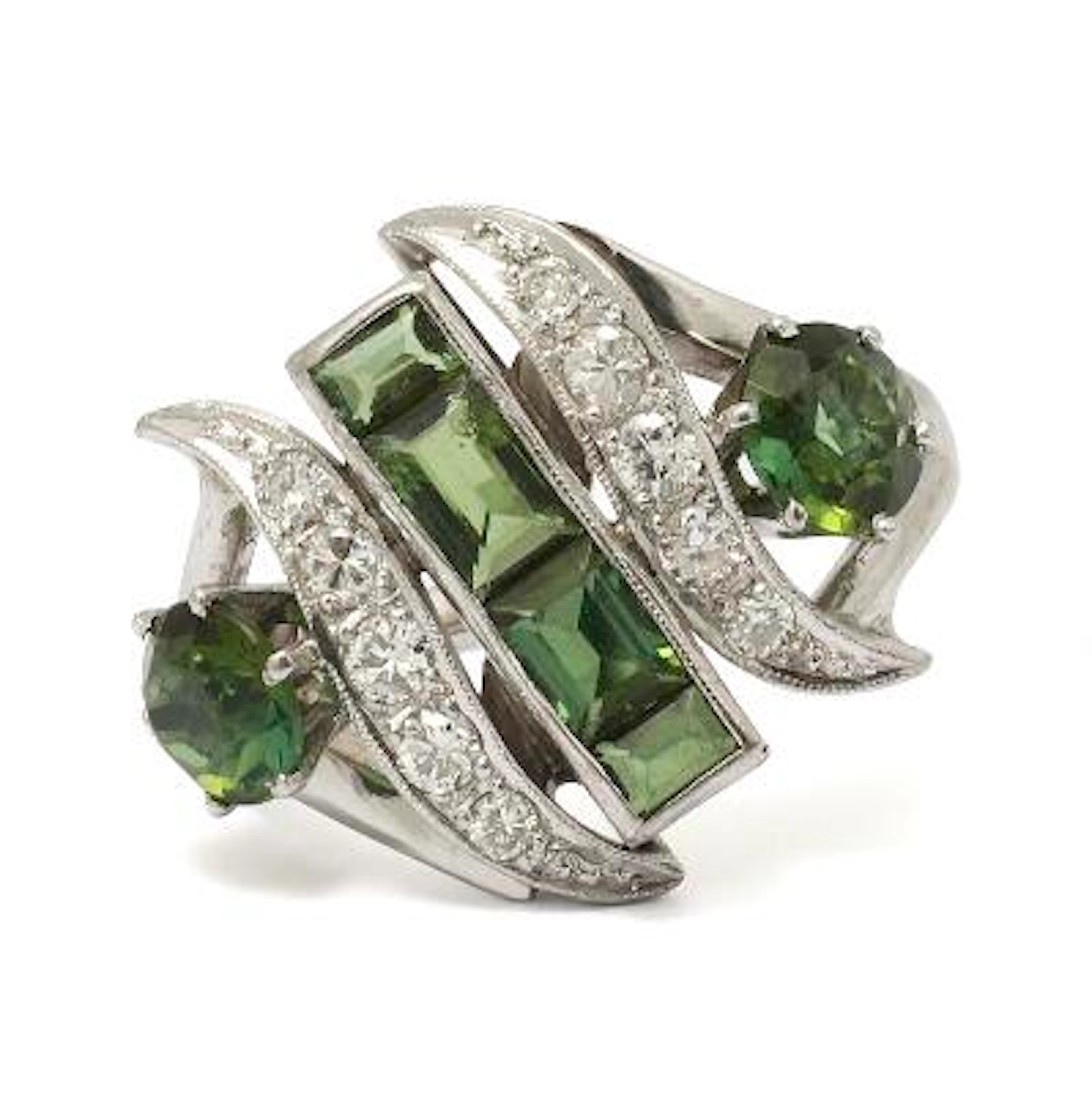 A tourmaline and diamond ring set with faceted tourmalines and diamonds