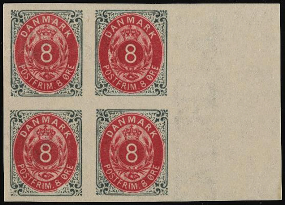 1875. 8 øre, aniline. IMPERFORATED block of 4 with full right sheet