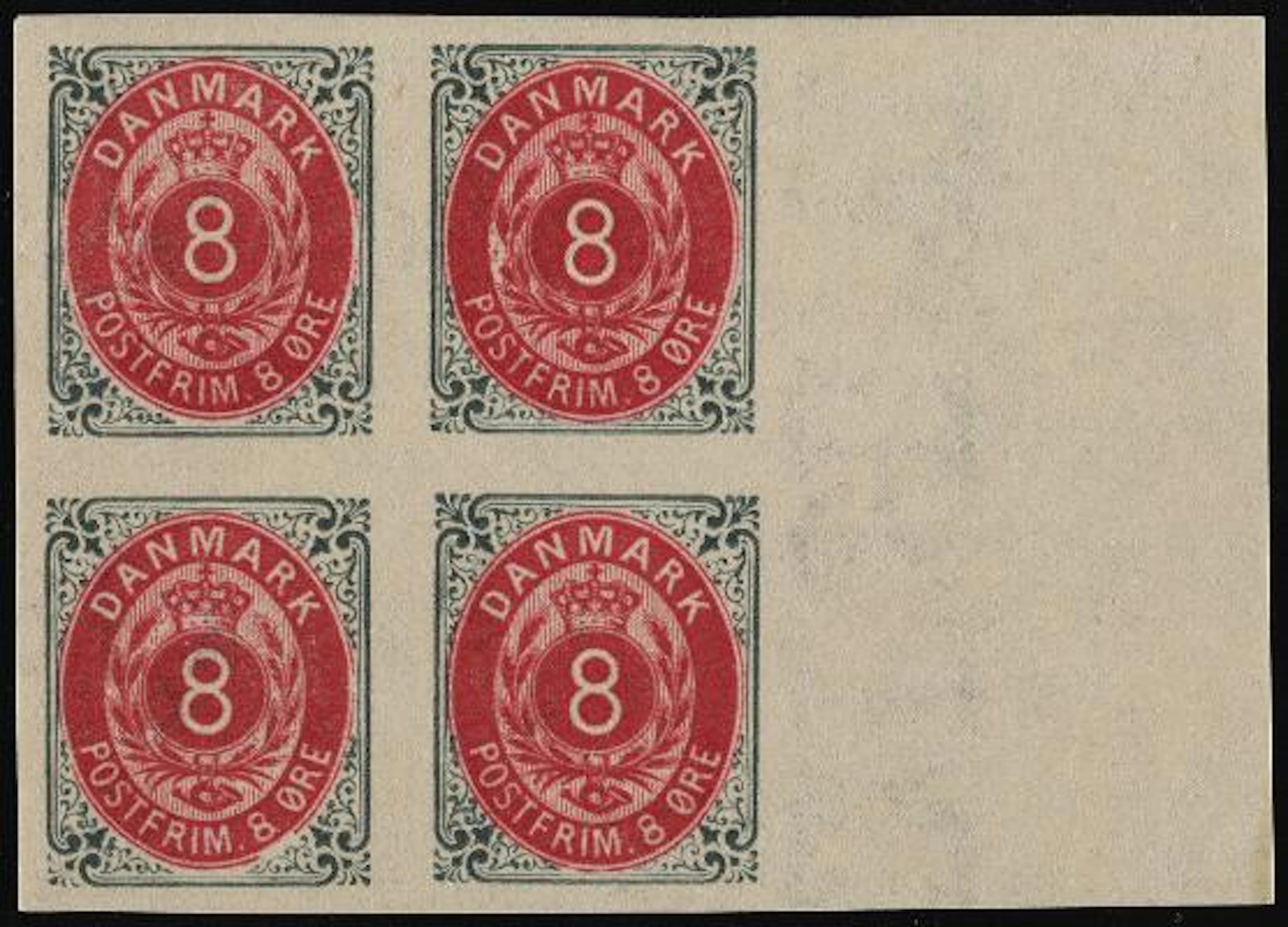 1875. 8 øre, aniline. IMPERFORATED block of 4 with full right sheet