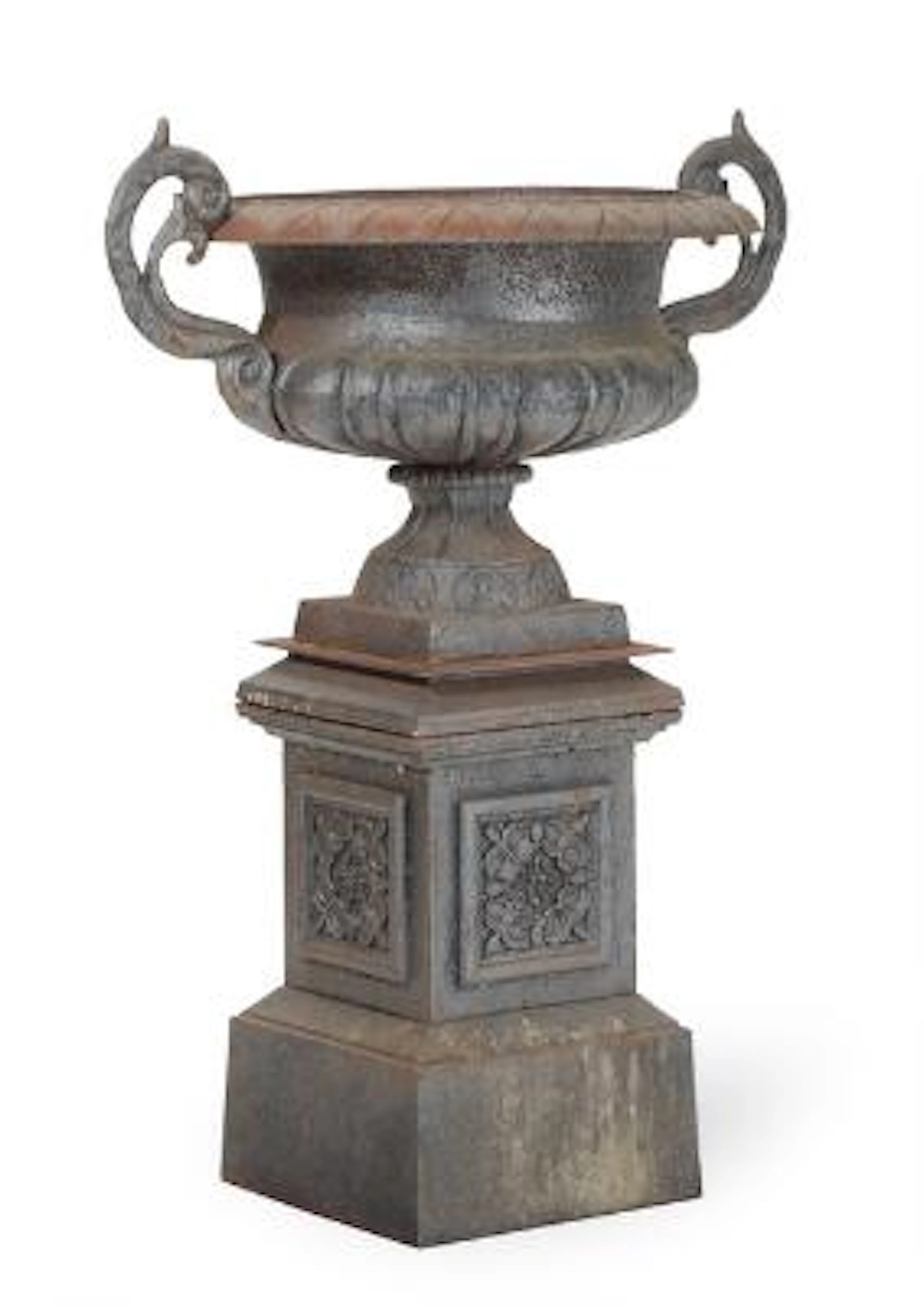 A French patinated cast iron garden vase with handles, mounted on