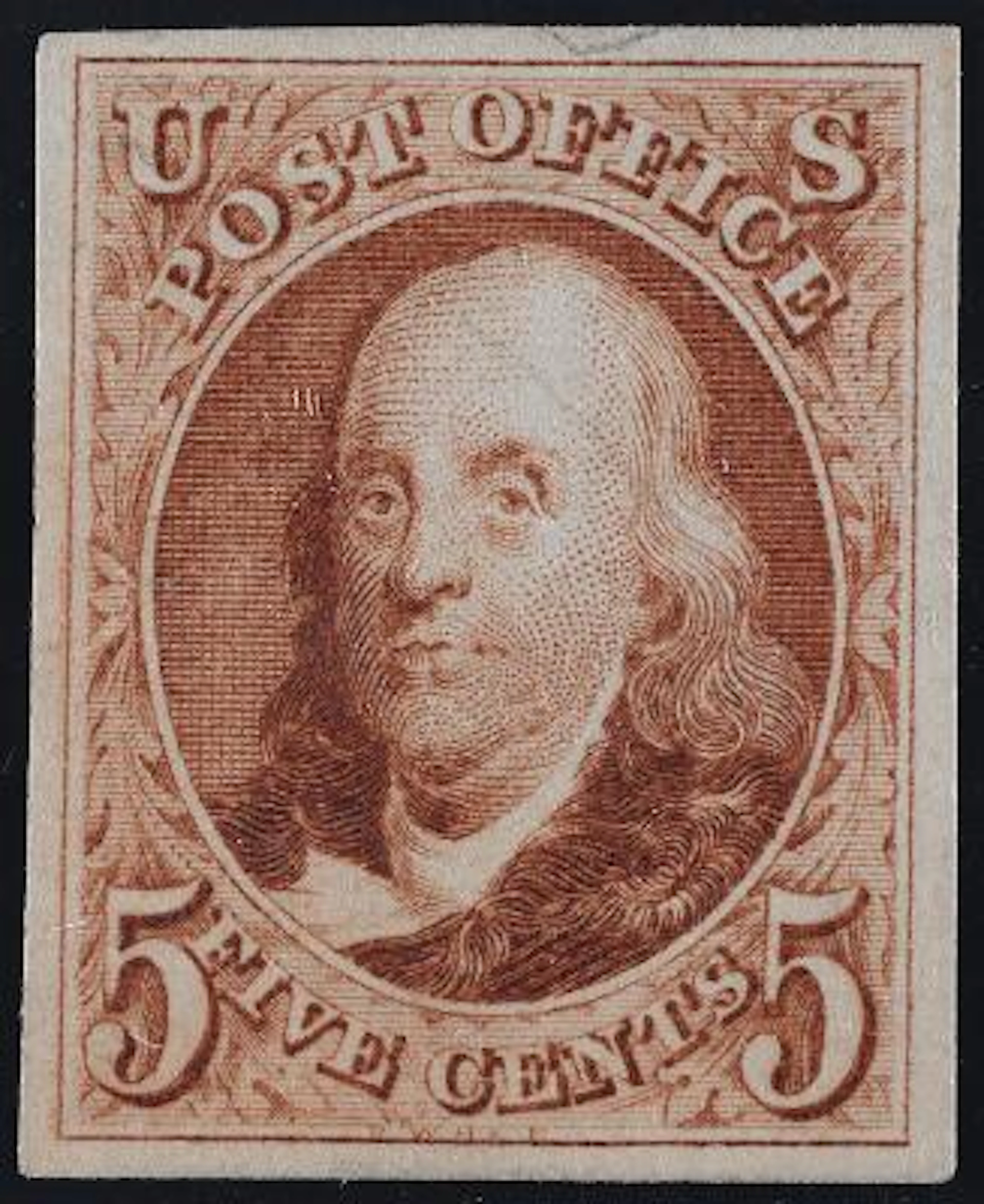 USA. 1847. Benjamin Franklin. 5c red brown, bluish paper. Very fine
