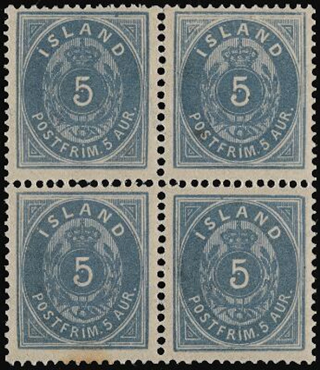 1875. Oval, 5 aur, blue, perf. 14. Perfect MNH BLOCK OF FOUR. Most