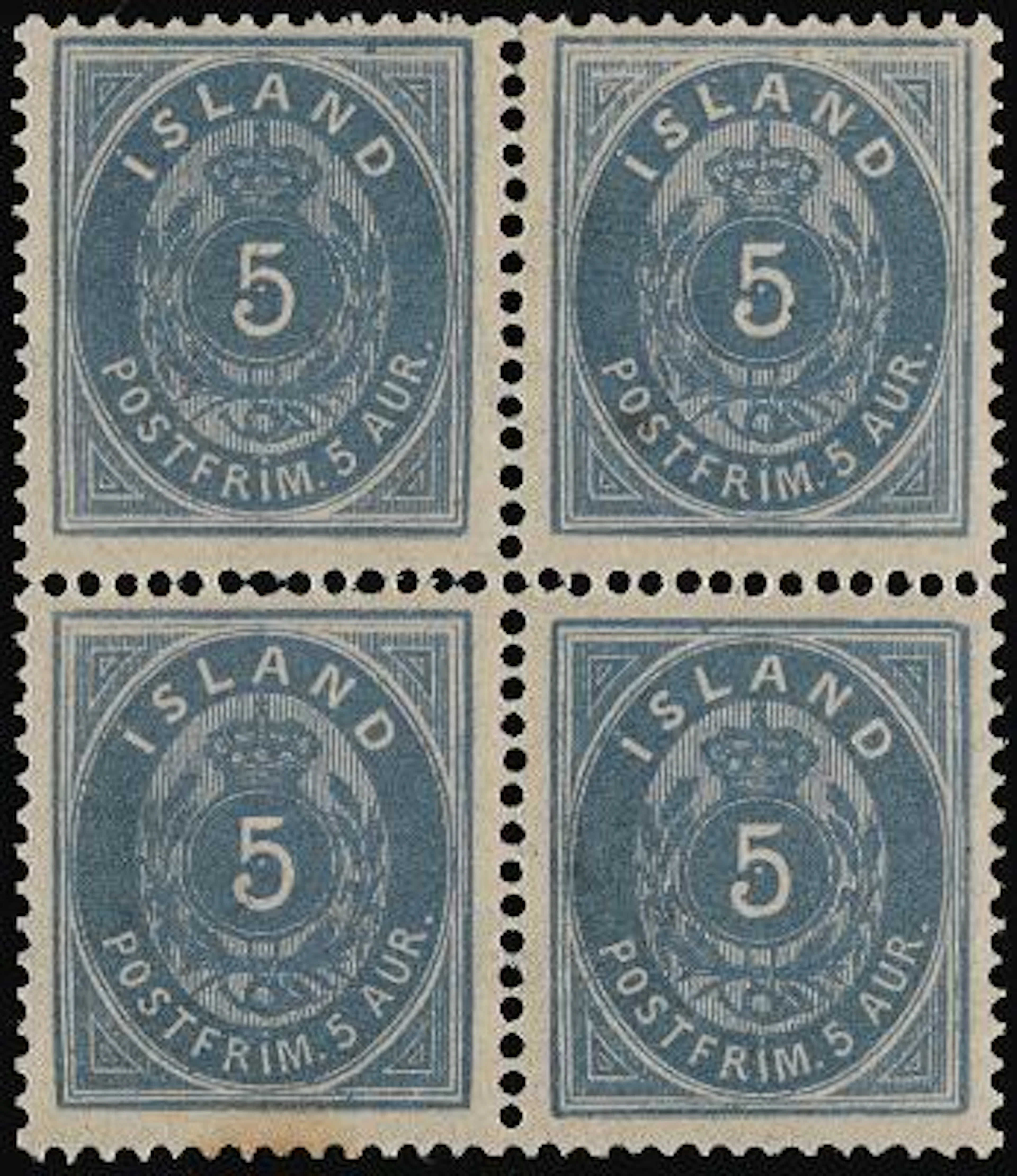 1875. Oval, 5 aur, blue, perf. 14. Perfect MNH BLOCK OF FOUR. Most