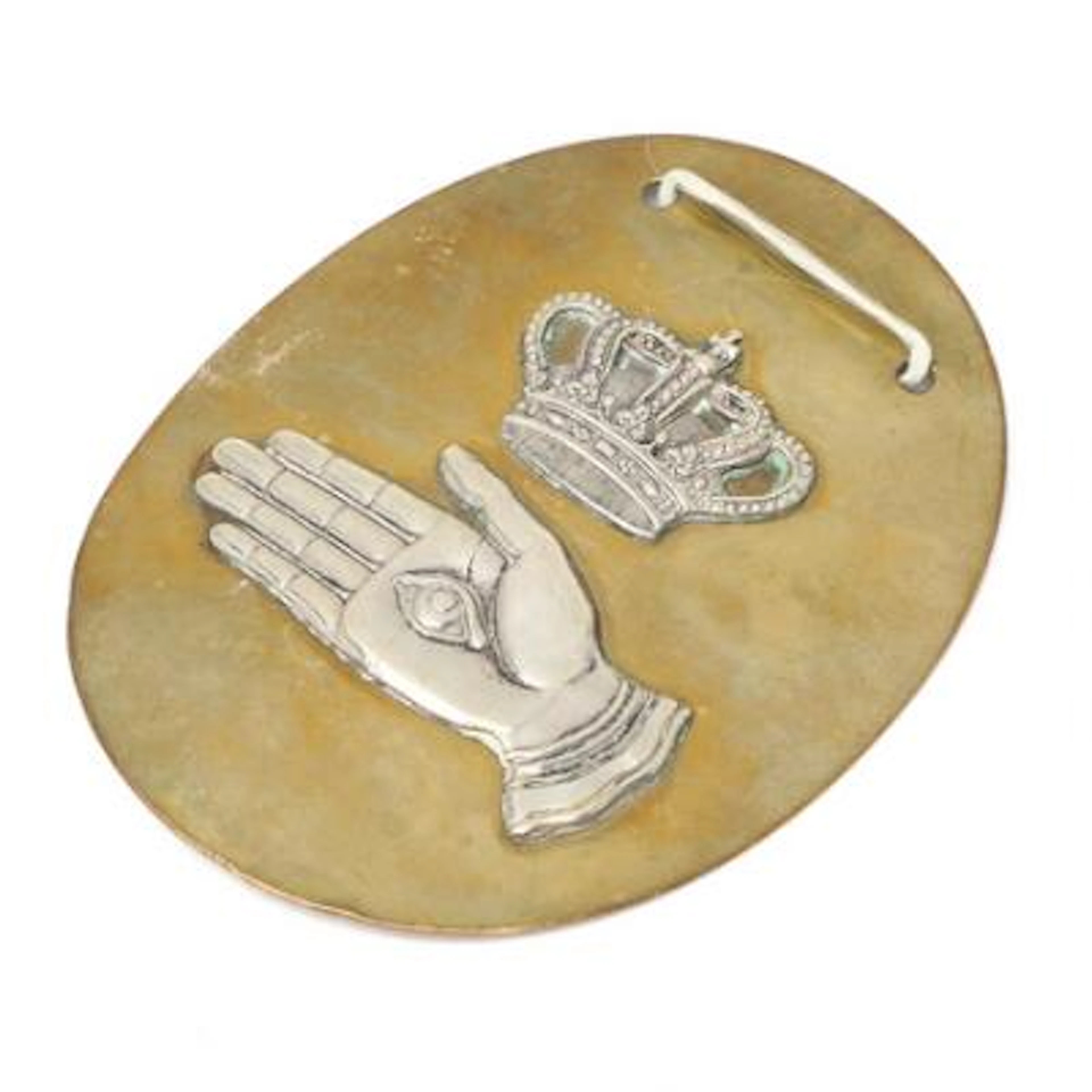 Oval brass sign with crown and the hand with the all-seeing eye, (94x76