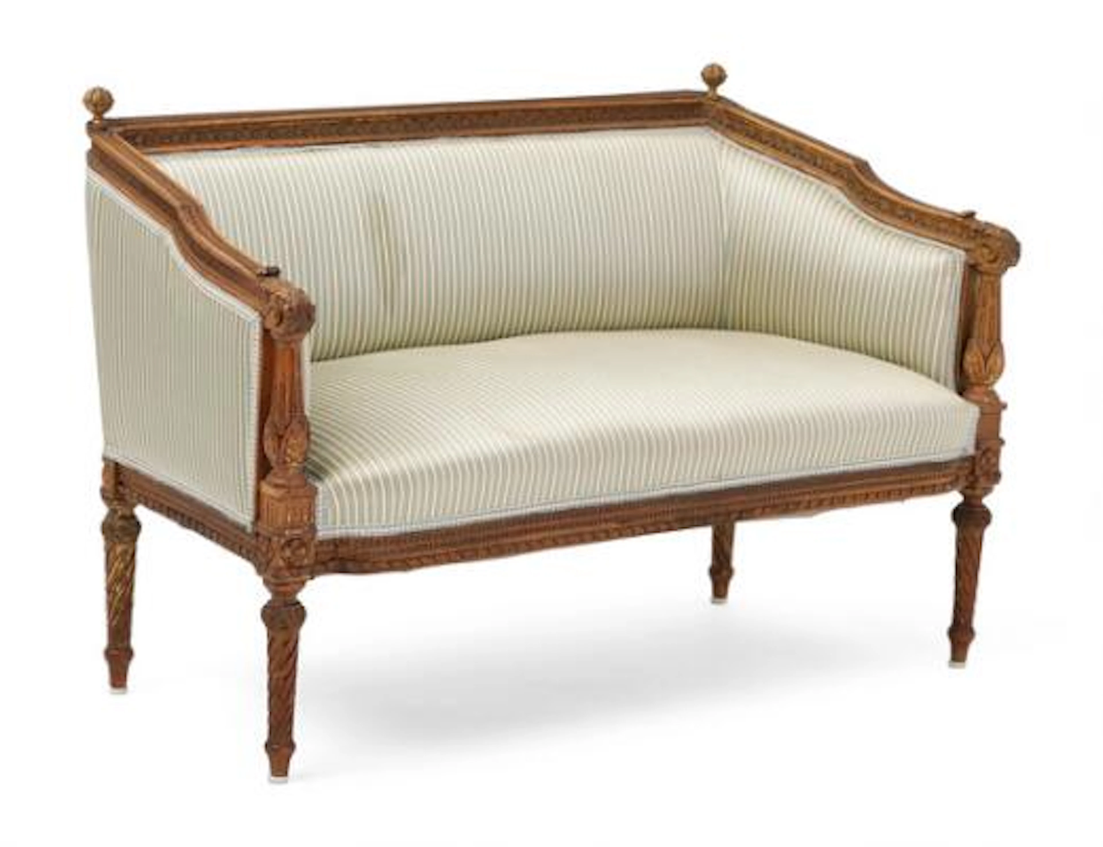 A small children's sofa in oak with striped silk upholstery. French