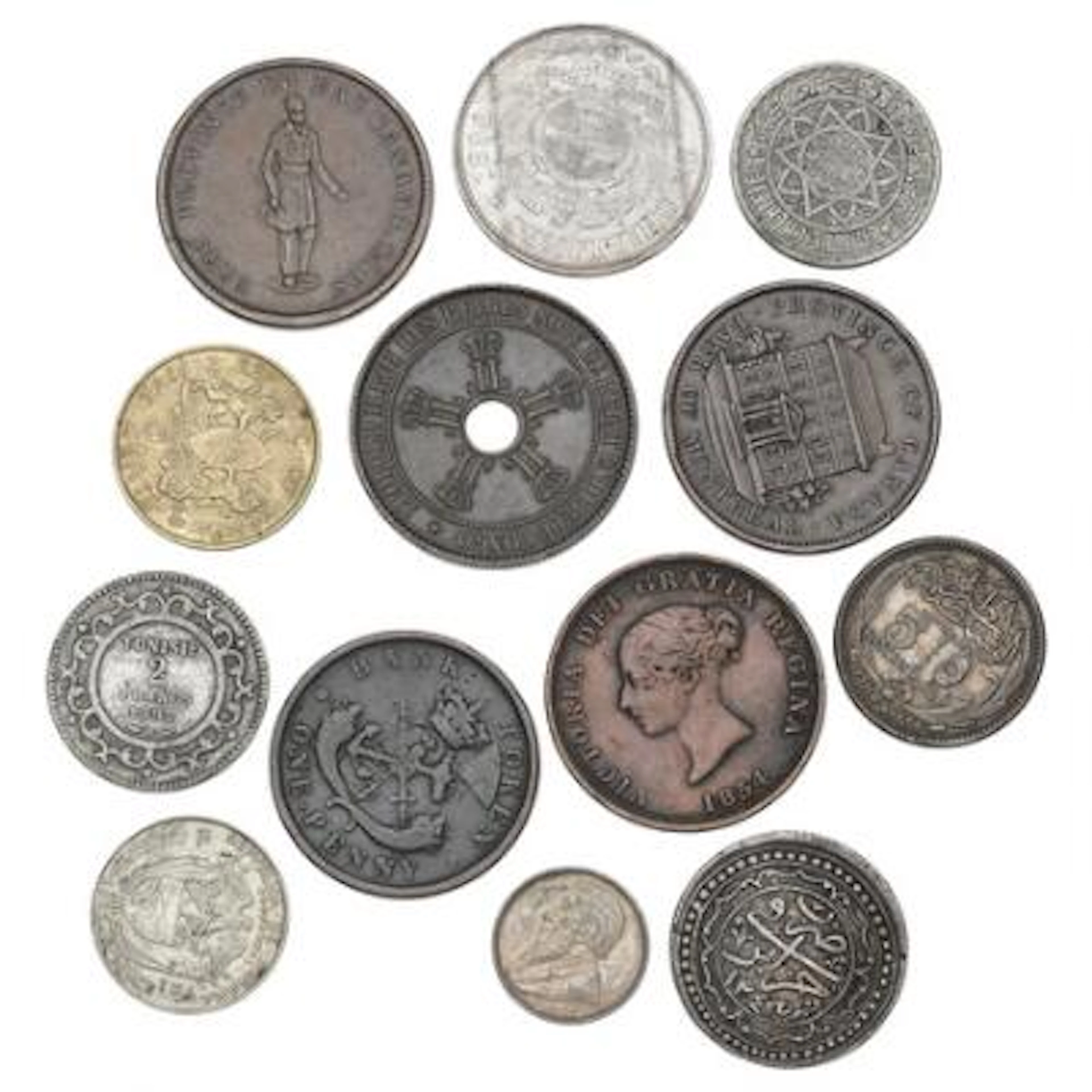 Small collection of foreign coins and bank tokens, in total 13 pcs