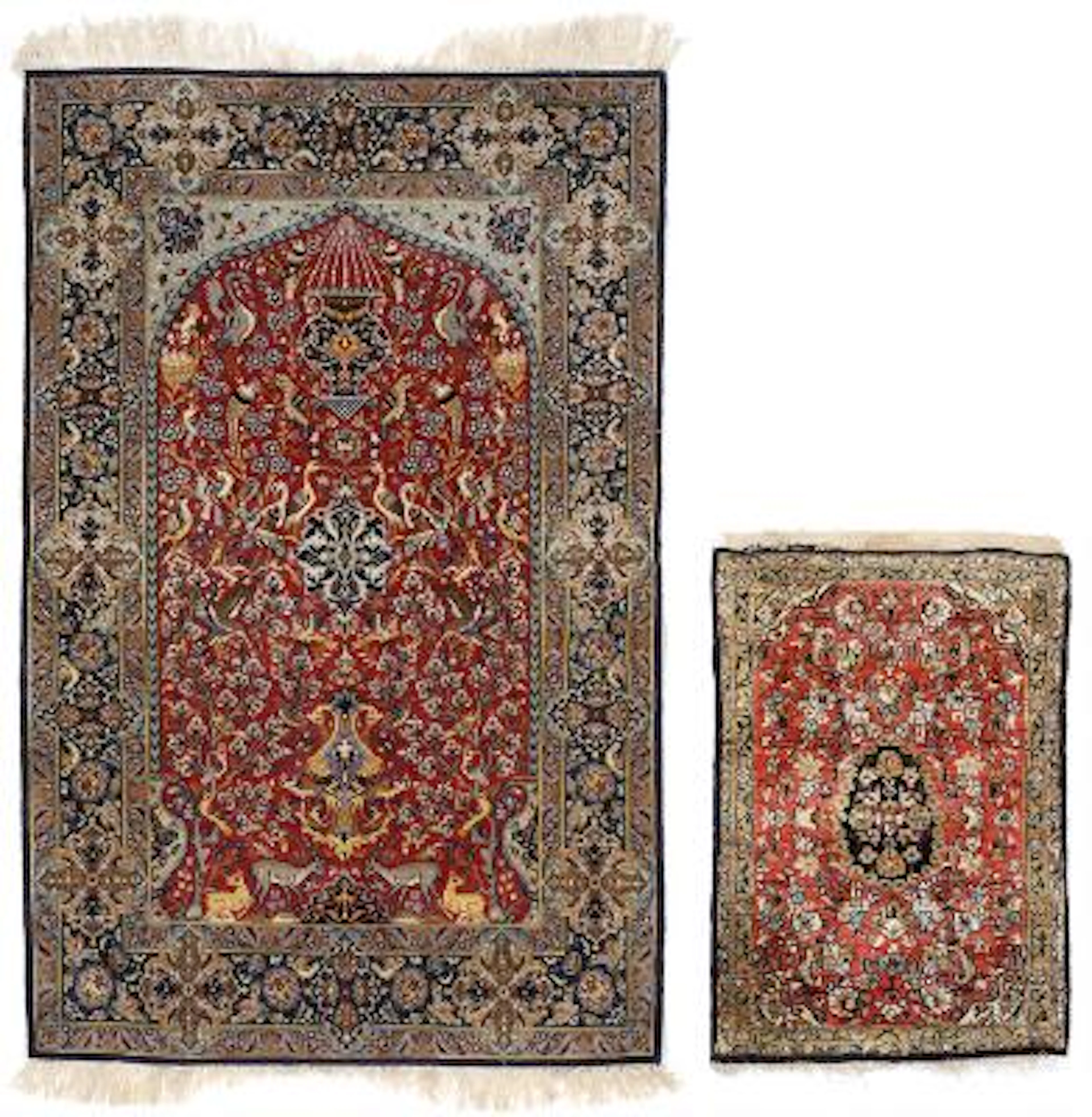 Two Persian rugs. Isfahan, arch design. And Qum full silk rug. Both