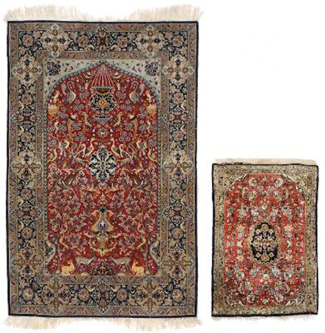 Two Persian rugs. Isfahan, arch design. And Qum full silk rug. Both