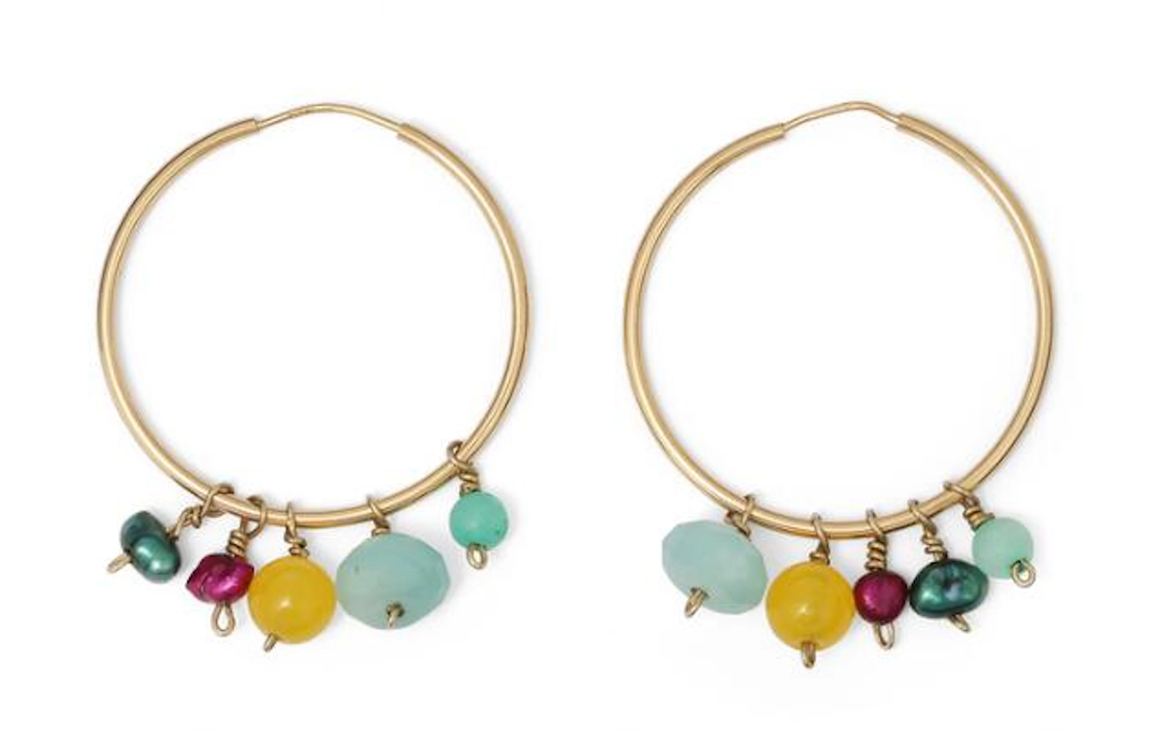 A pair of hoop ear studs each set with coloured chalcedony and freshwater