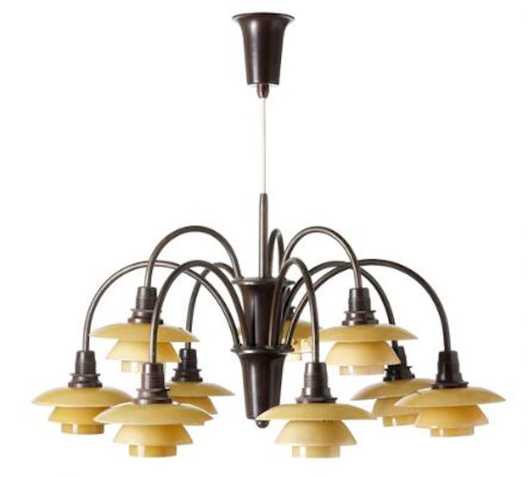 Poul Henningsen: "PH-1/1 Cascade". Nine-armed browned brass chandelier