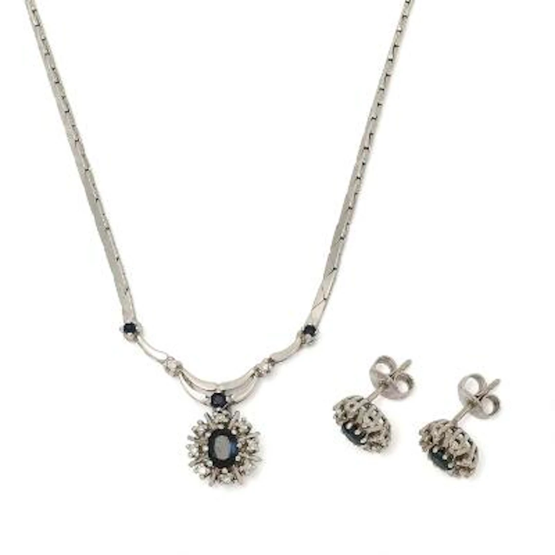 A sapphire and diamond necklace and a pair of ear pendants, mounted