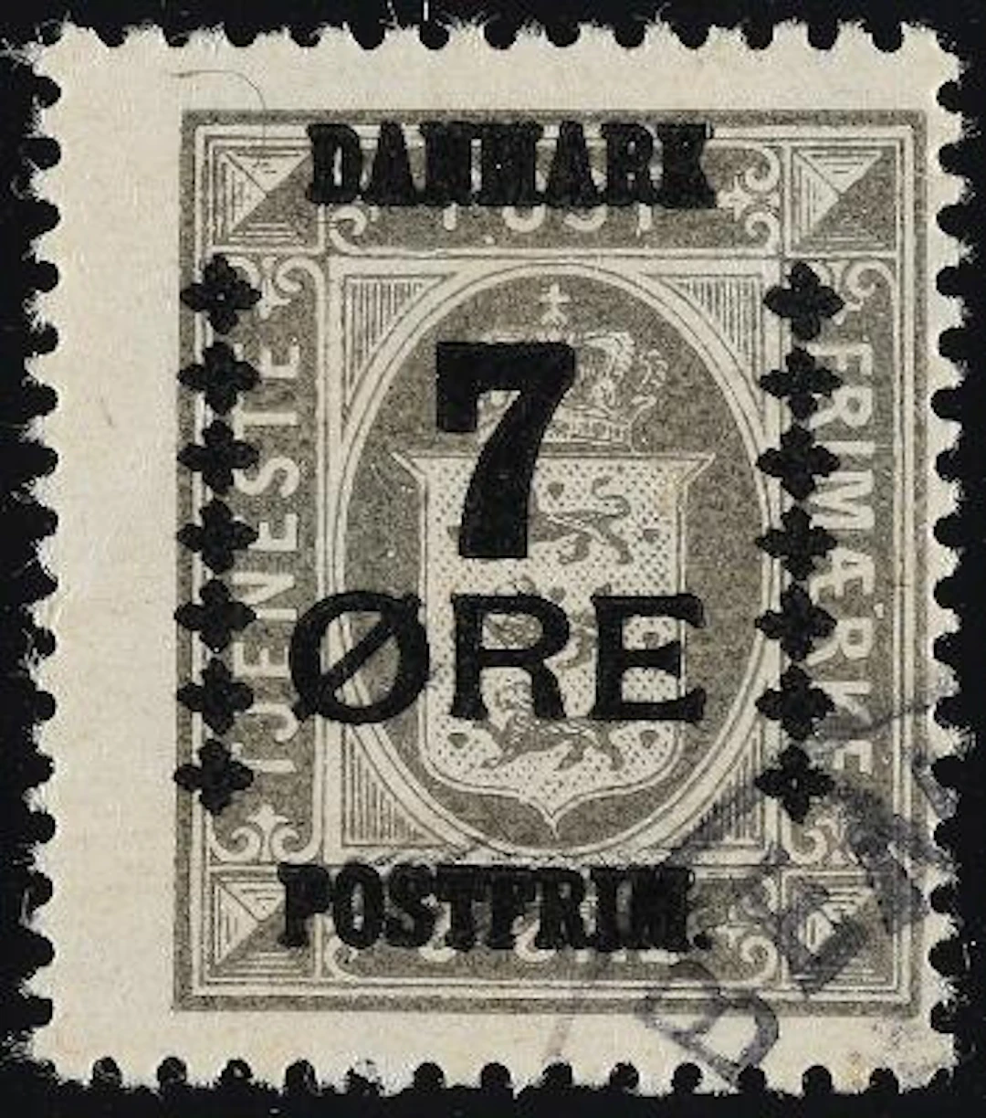1926. Surcharge. 7/3 Øre, grey. DOUBLE OVERPRINT. Extremely rare used