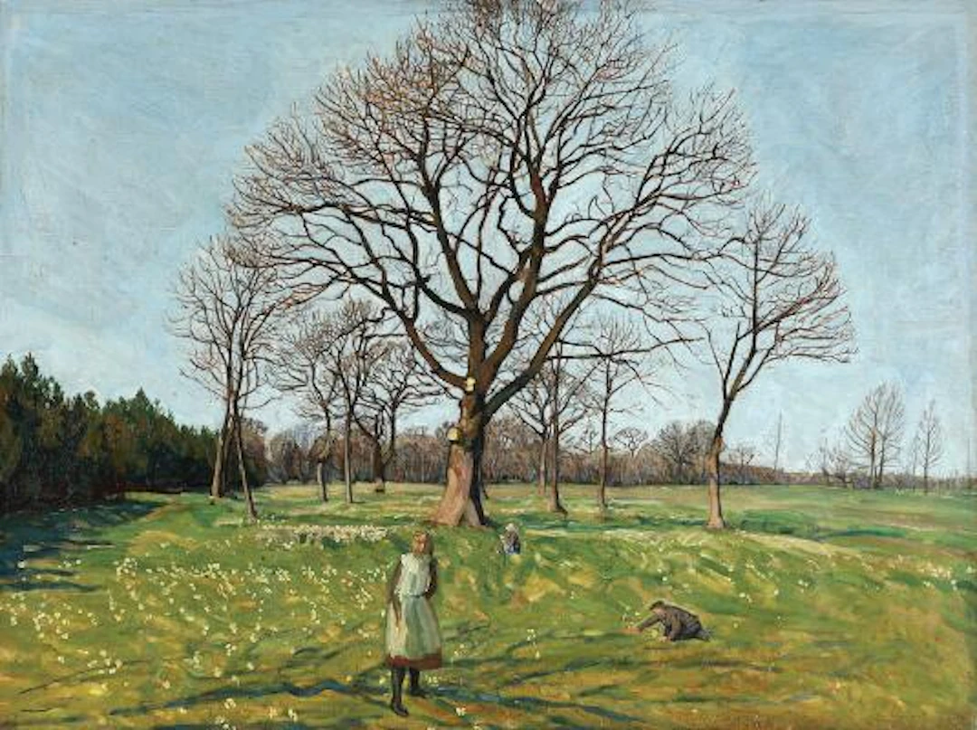 Niels Larsen Stevns: Landscape with girl and trees. Unsigned. Oil