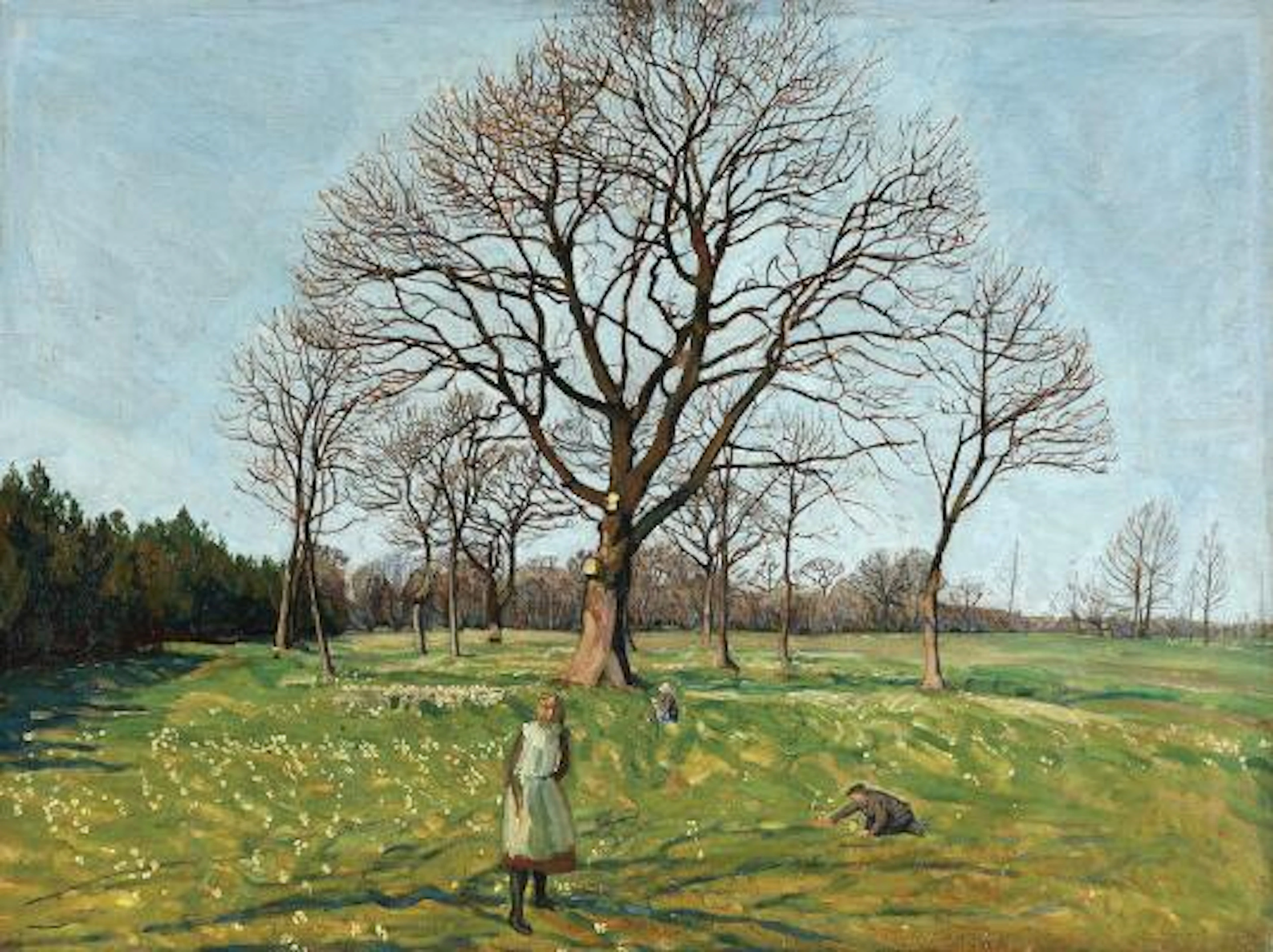 Niels Larsen Stevns: Landscape with girl and trees. Unsigned. Oil