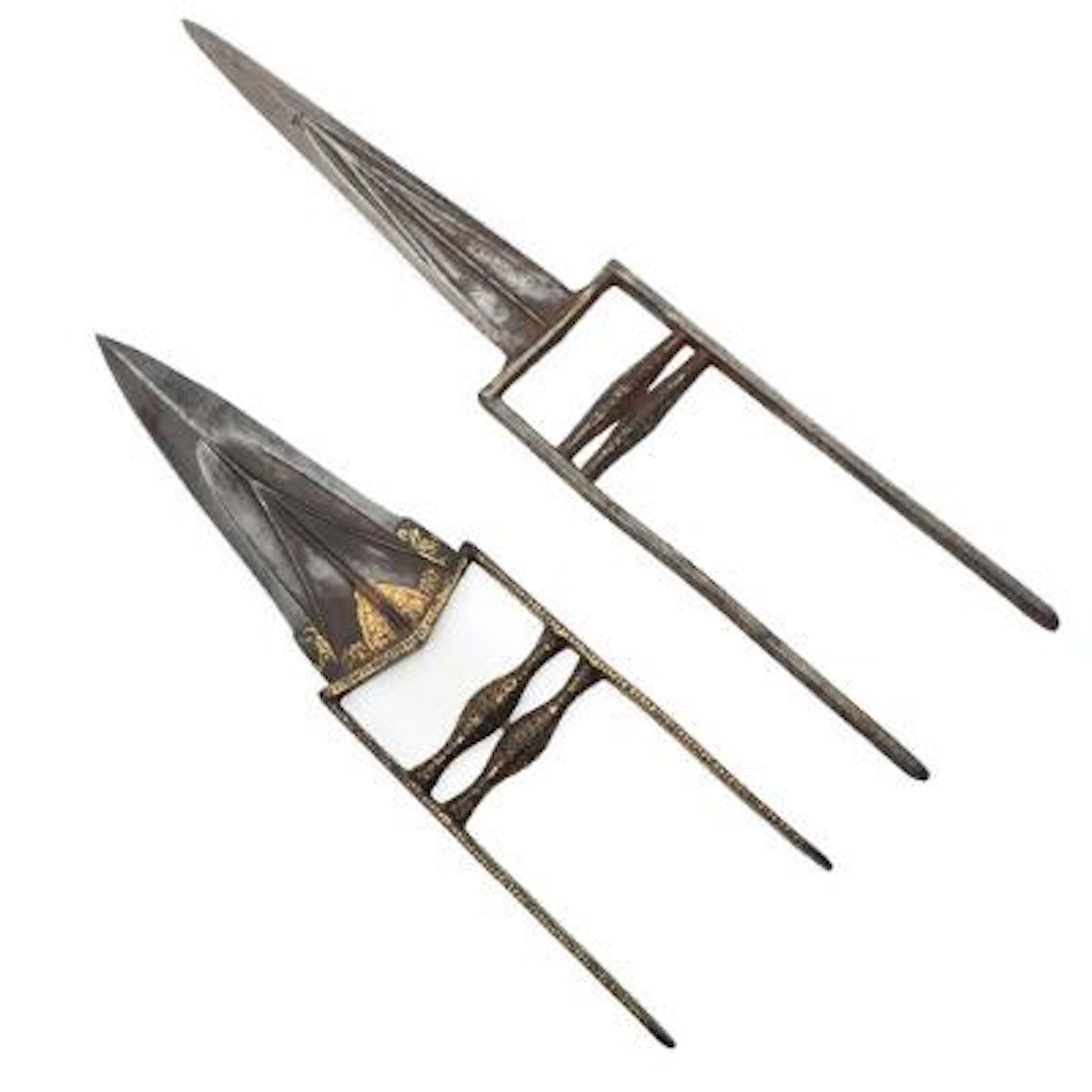 Two khatar steel push daggers with gilt decor. Mughal, Indian. 19th