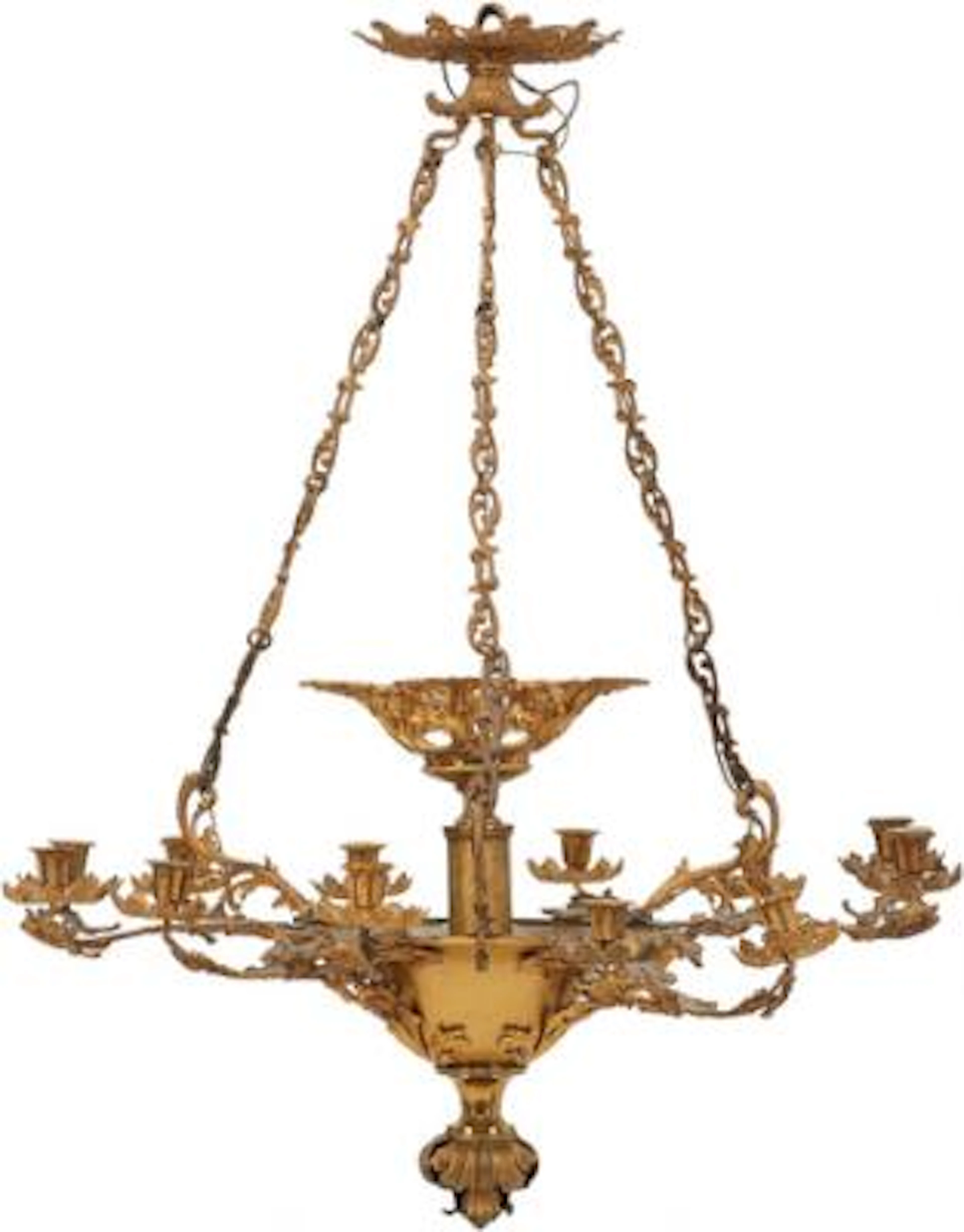 A Large chandelier of bronzed zinc and bronze with 12 light arms