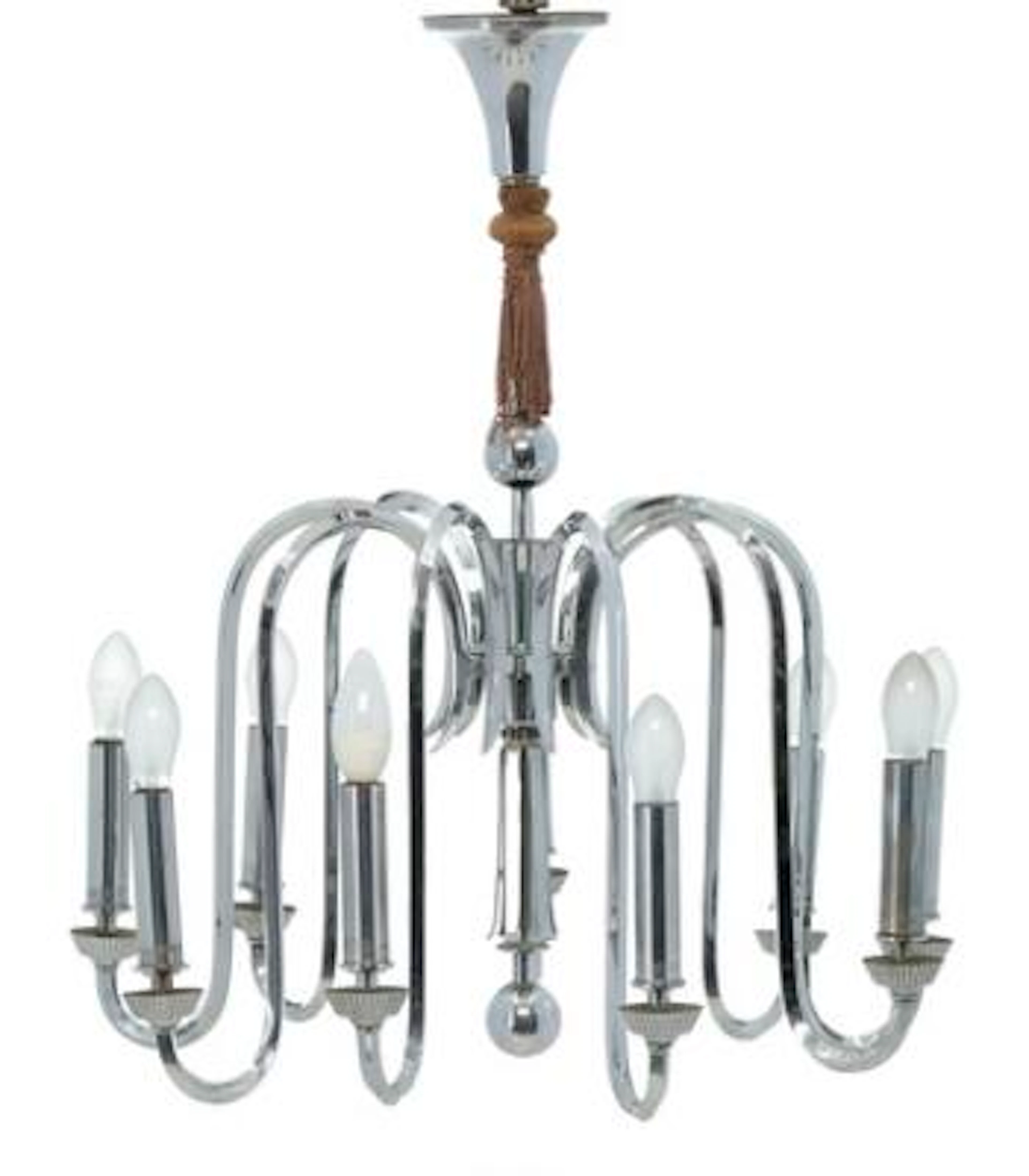 Unknown designer: Nine-branch chromed metal chandelier. Stem with