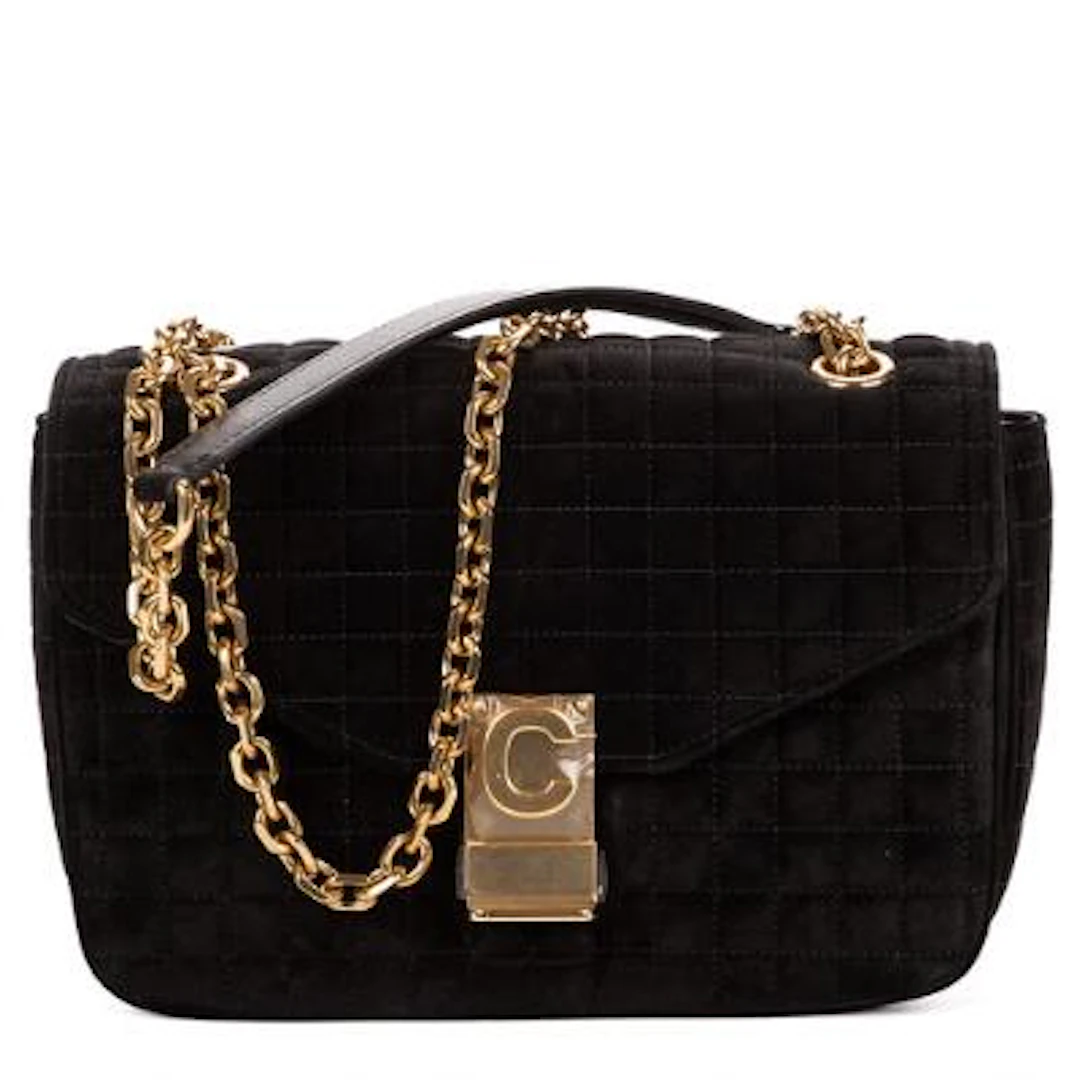 Celine: "C Chain Flap" bag in black suede with double chain strap
