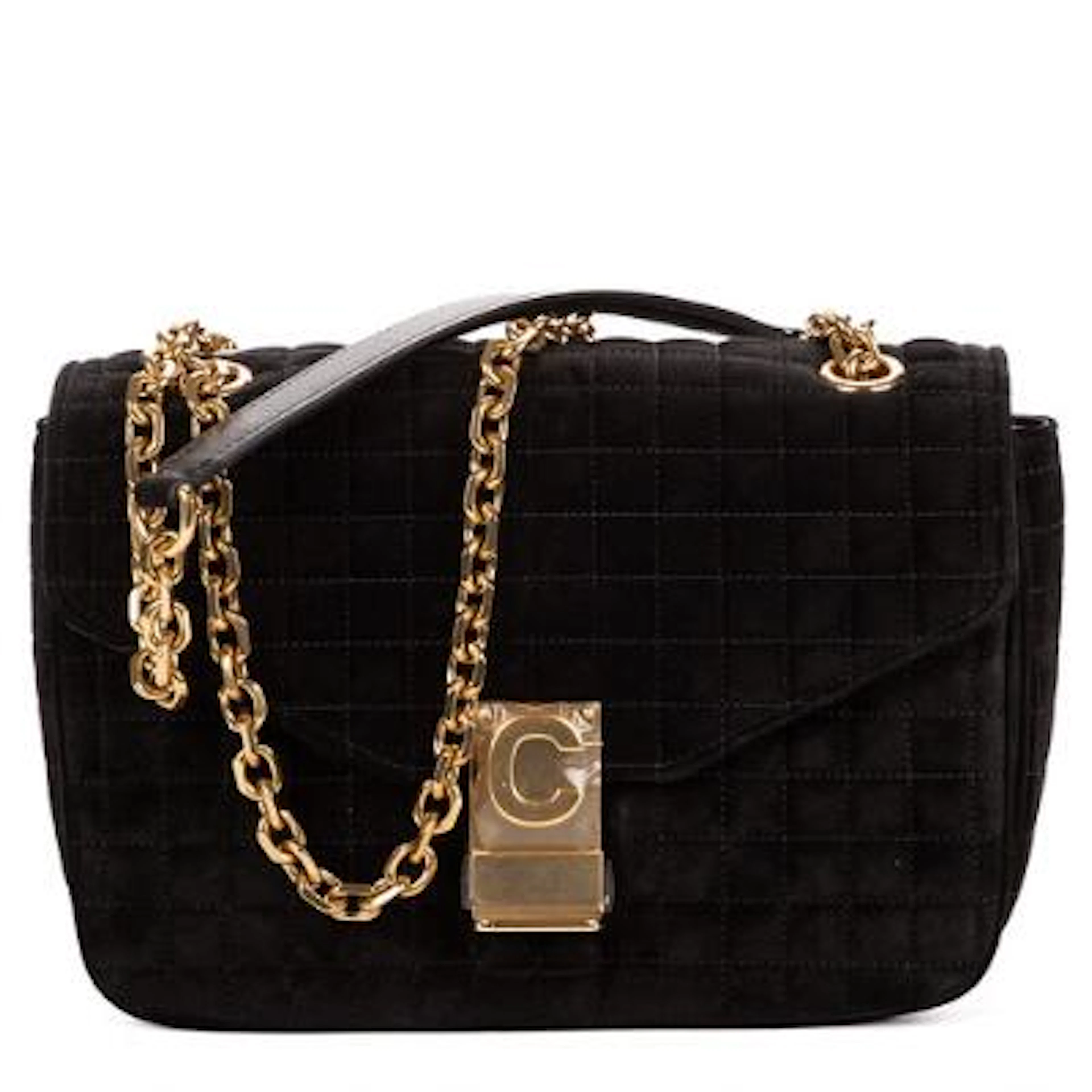 Celine: "C Chain Flap" bag in black suede with double chain strap