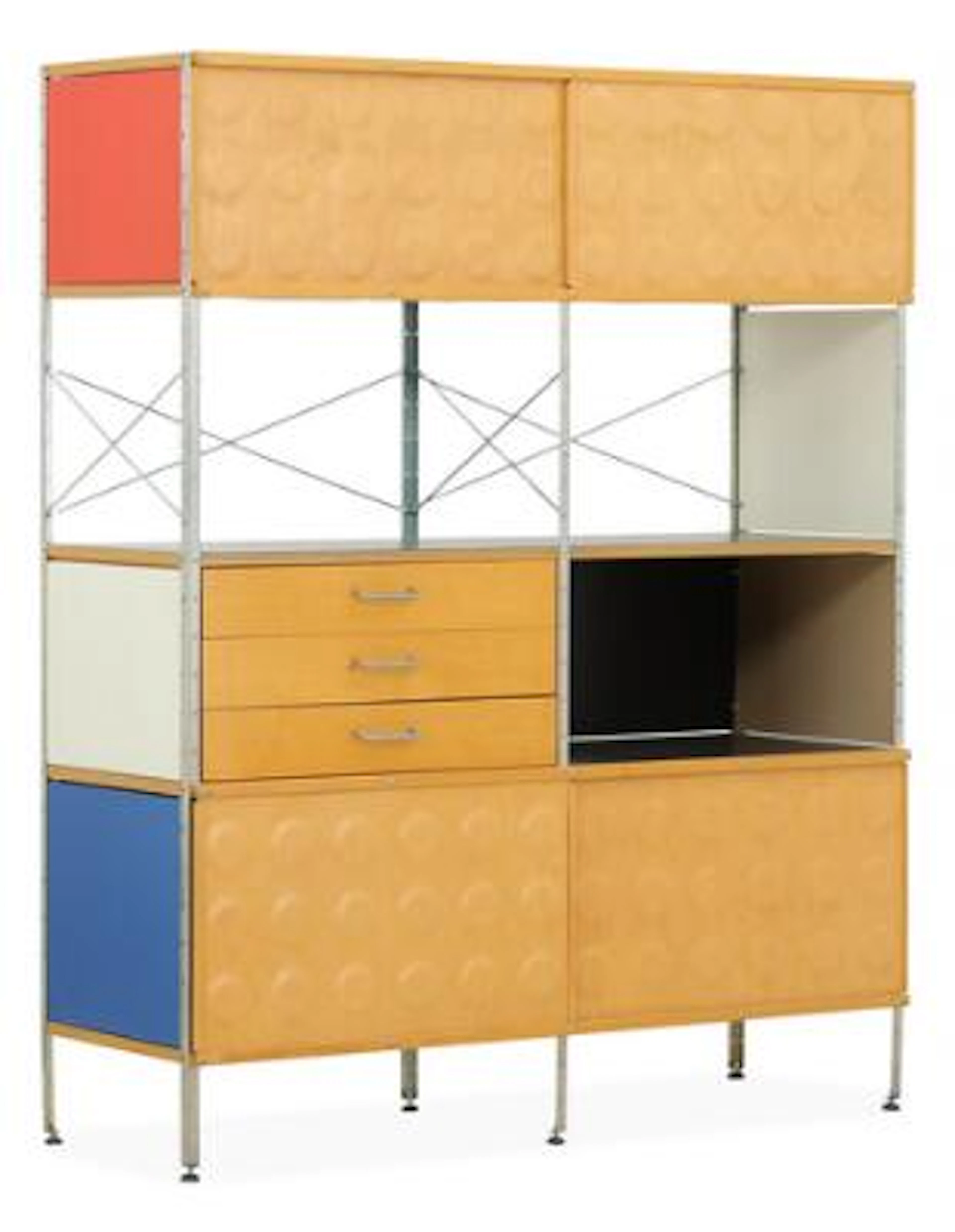 Charles Eames, Ray Eames: Wall unit with metal frame. Maple drawers