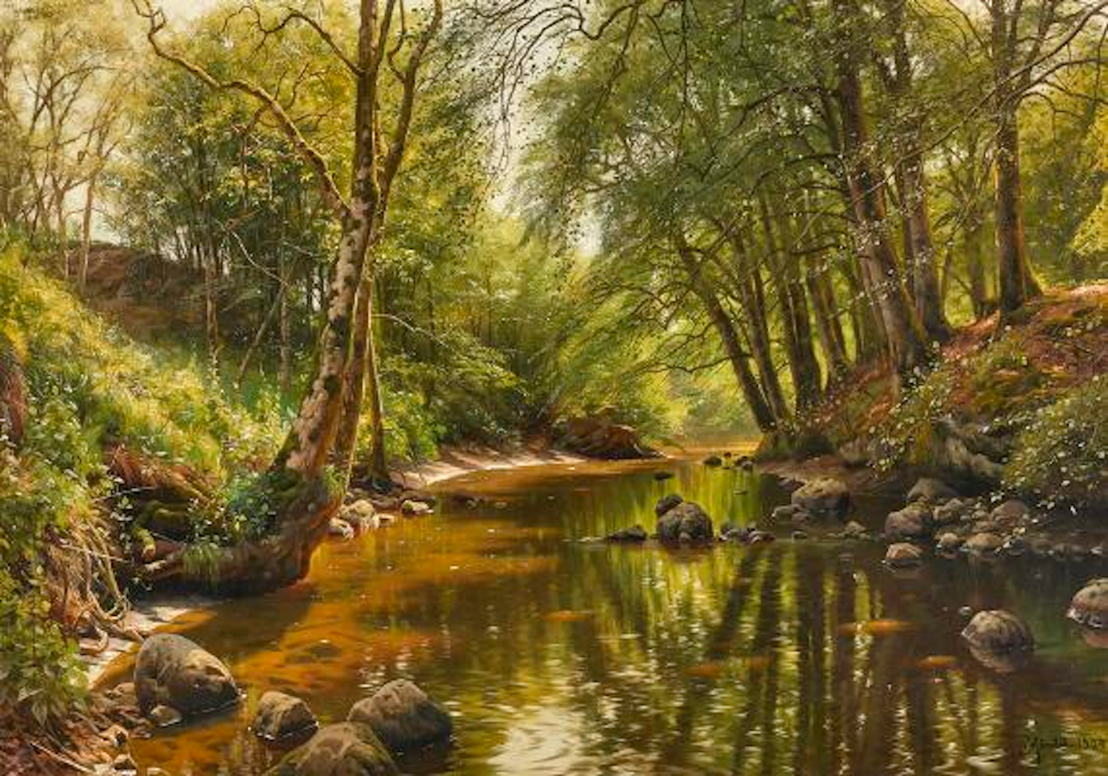Peder Mønsted: The stream at Sæbygård. Summer day. Signed and dated