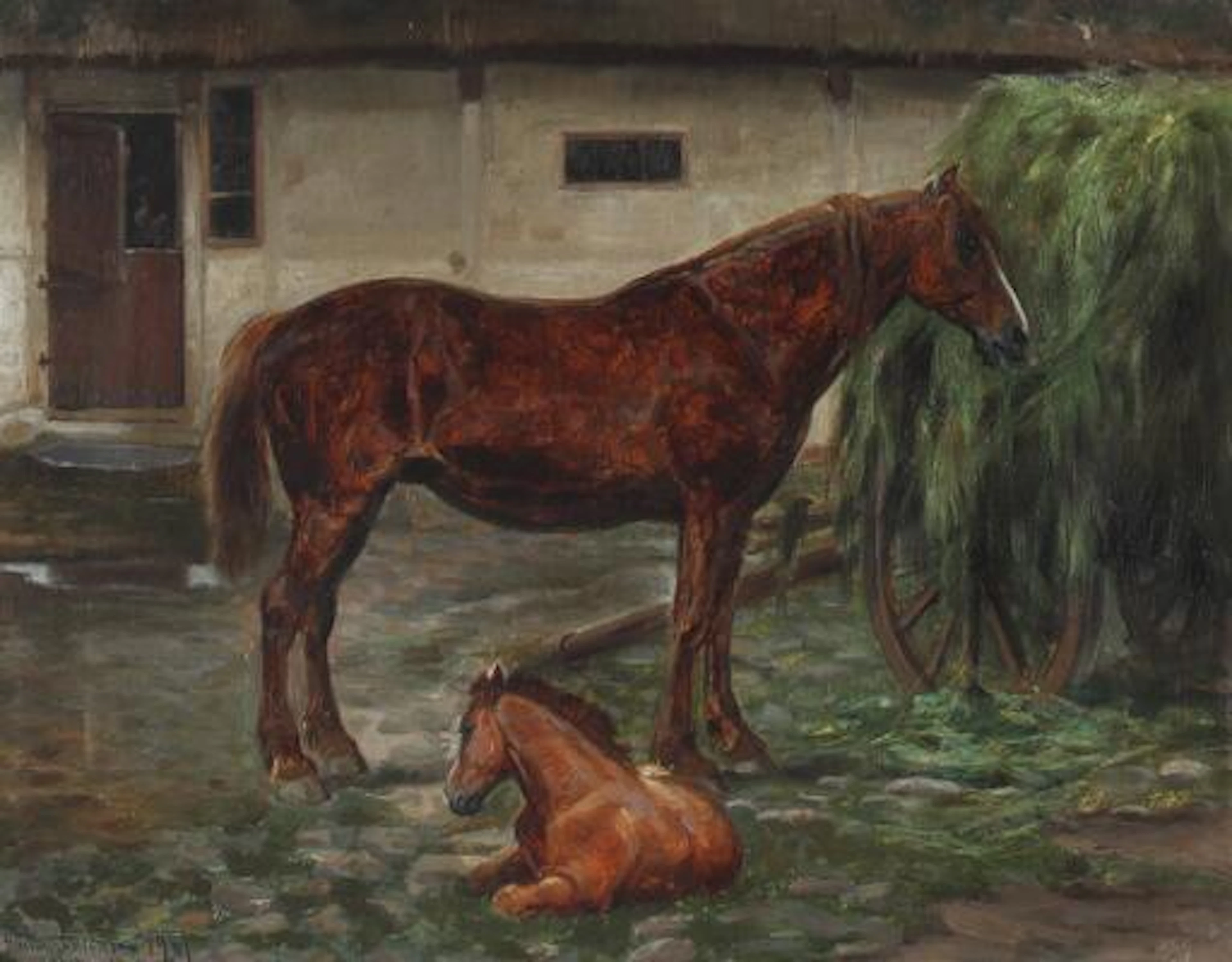 Simon Simonsen: Farmyard exterior with horse and foal. Signed Simon