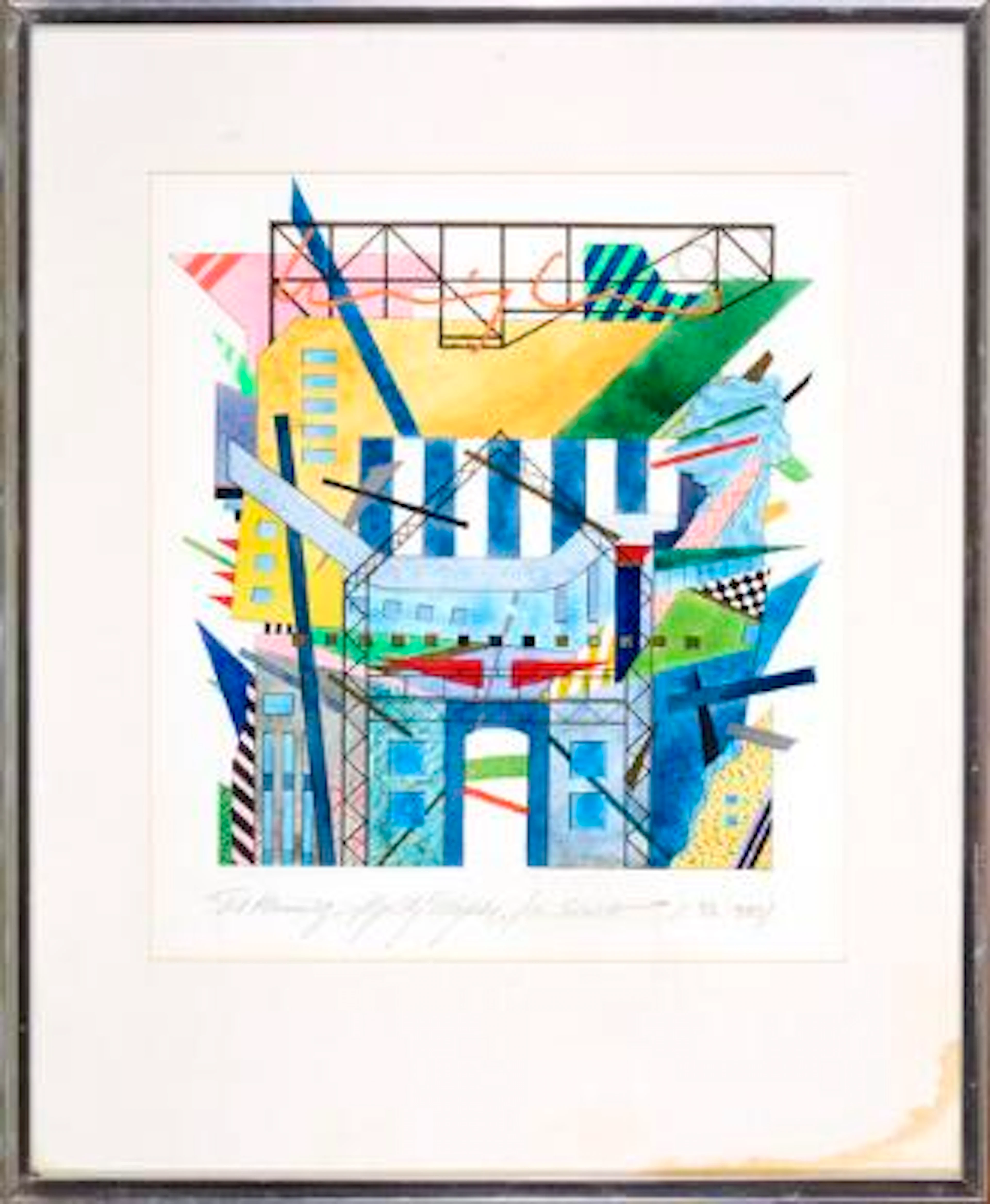Ernst Lohse: Architectural drawing, 20/08 1985. With dedication. Watercolour