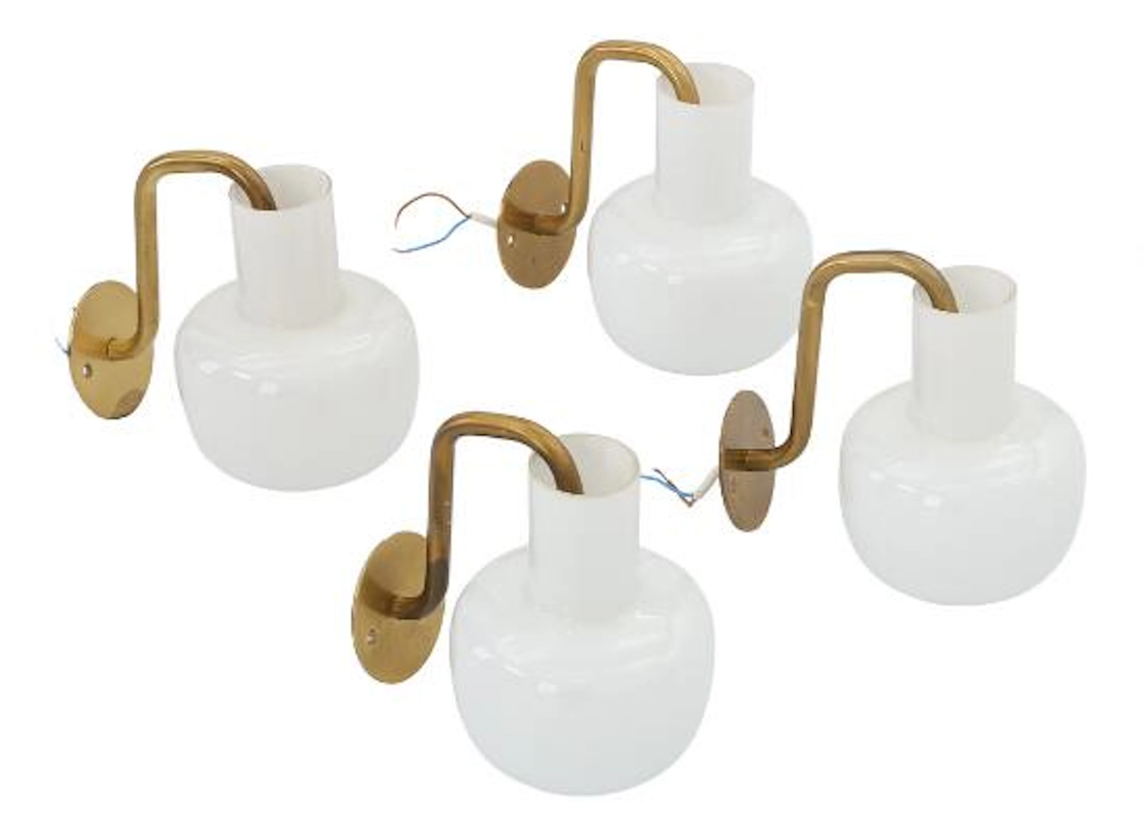 Vilhelm Lauritzen: A set of four wall lamps with opaline glass shades.