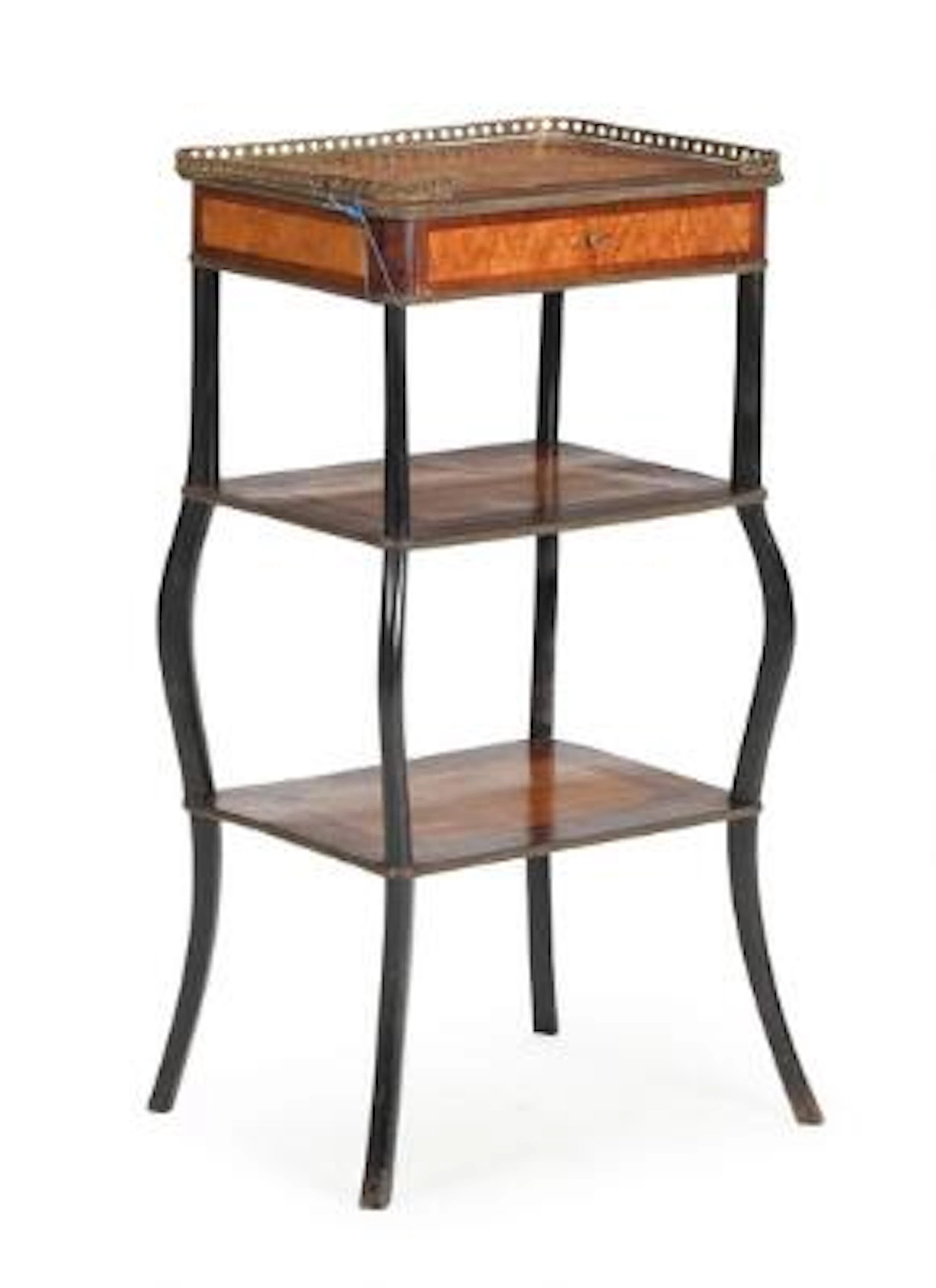 A circa 1900 French walnut and satinwood etagere, decorated with intarsia.