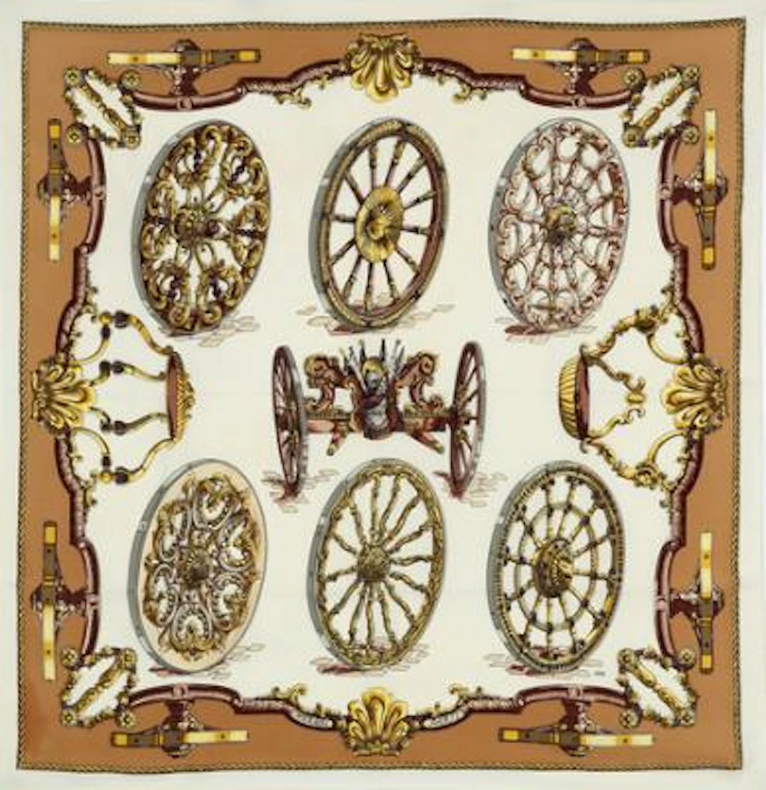 Hermès: A silk scarf with motif "Roues de Canon" by Caty Latham. App.