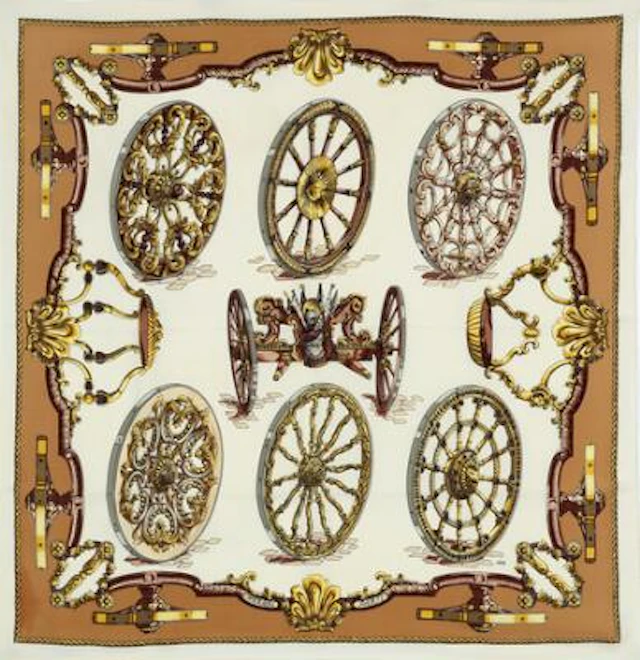 Hermès: A silk scarf with motif "Roues de Canon" by Caty Latham. App.