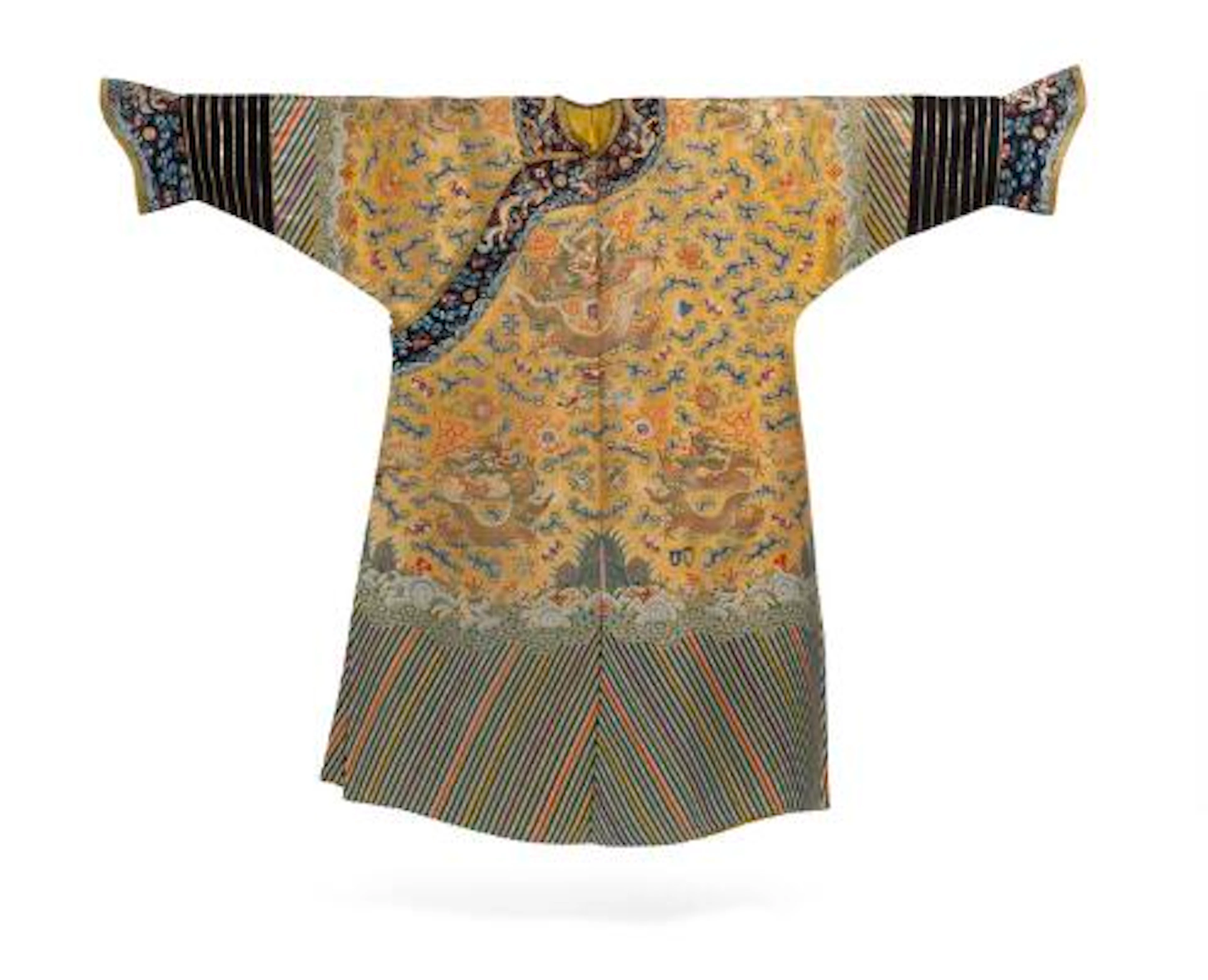 A Chinese Imperial yellow-ground gauze embroidered dragon robe (jifu).