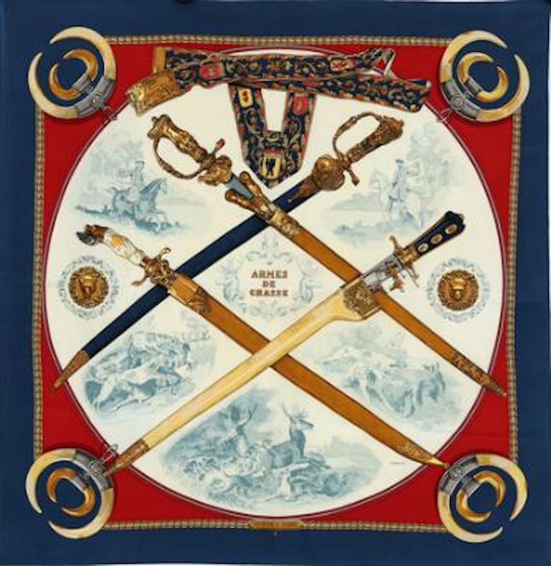 Hermès: A silk scarf with motif "Armes de Chasse" by Philippe Ledoux.