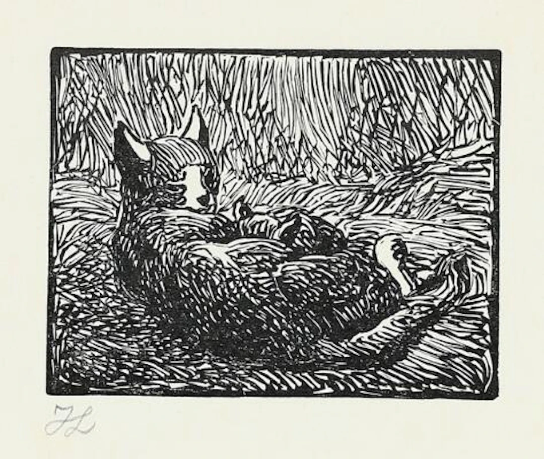 Johannes Larsen: “Kat med killinger”. Cat with kittens. 1952. Signed
