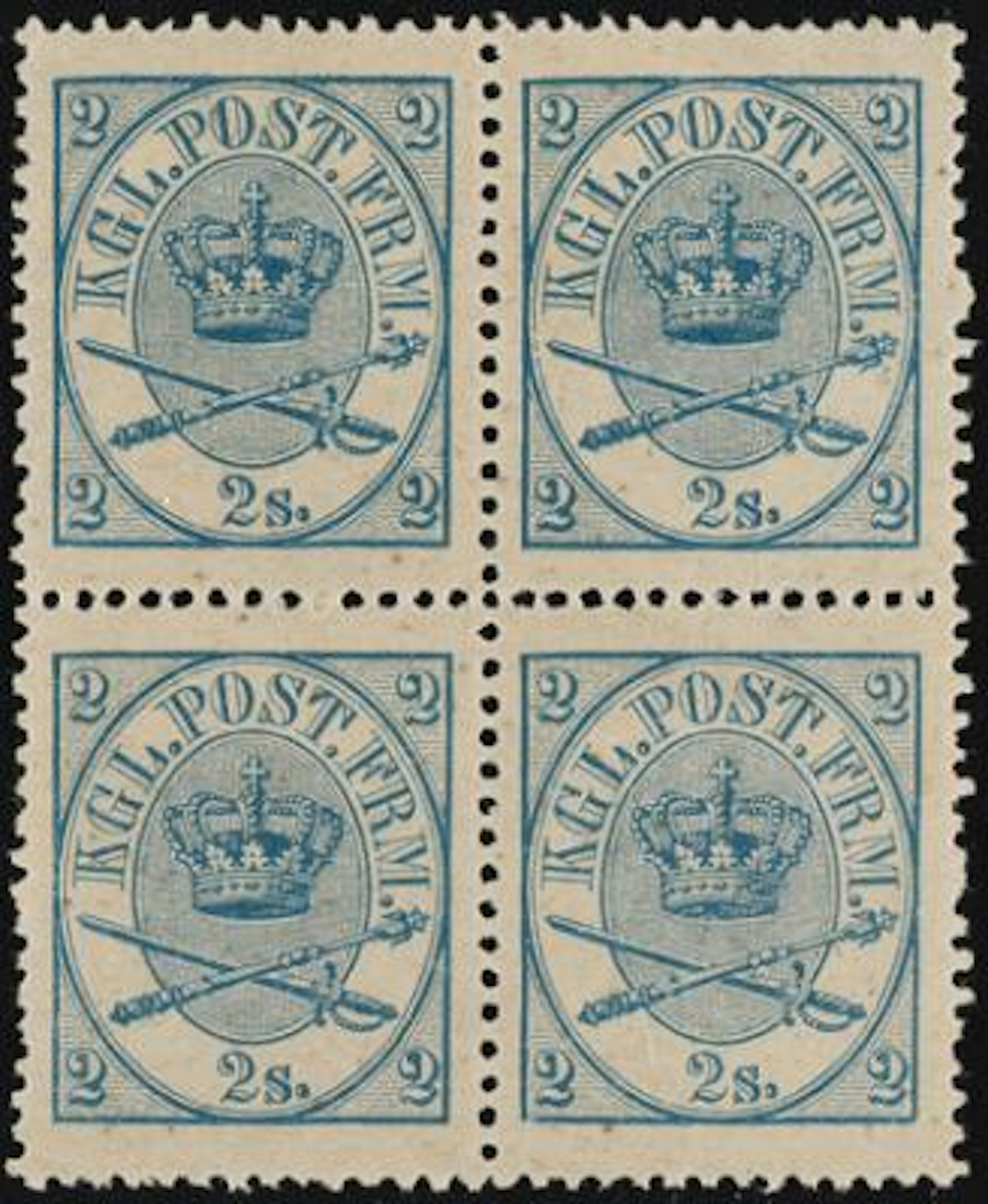 1864. 2 sk. blue. 6. print. Perfect MNH block of 4. All stamps with