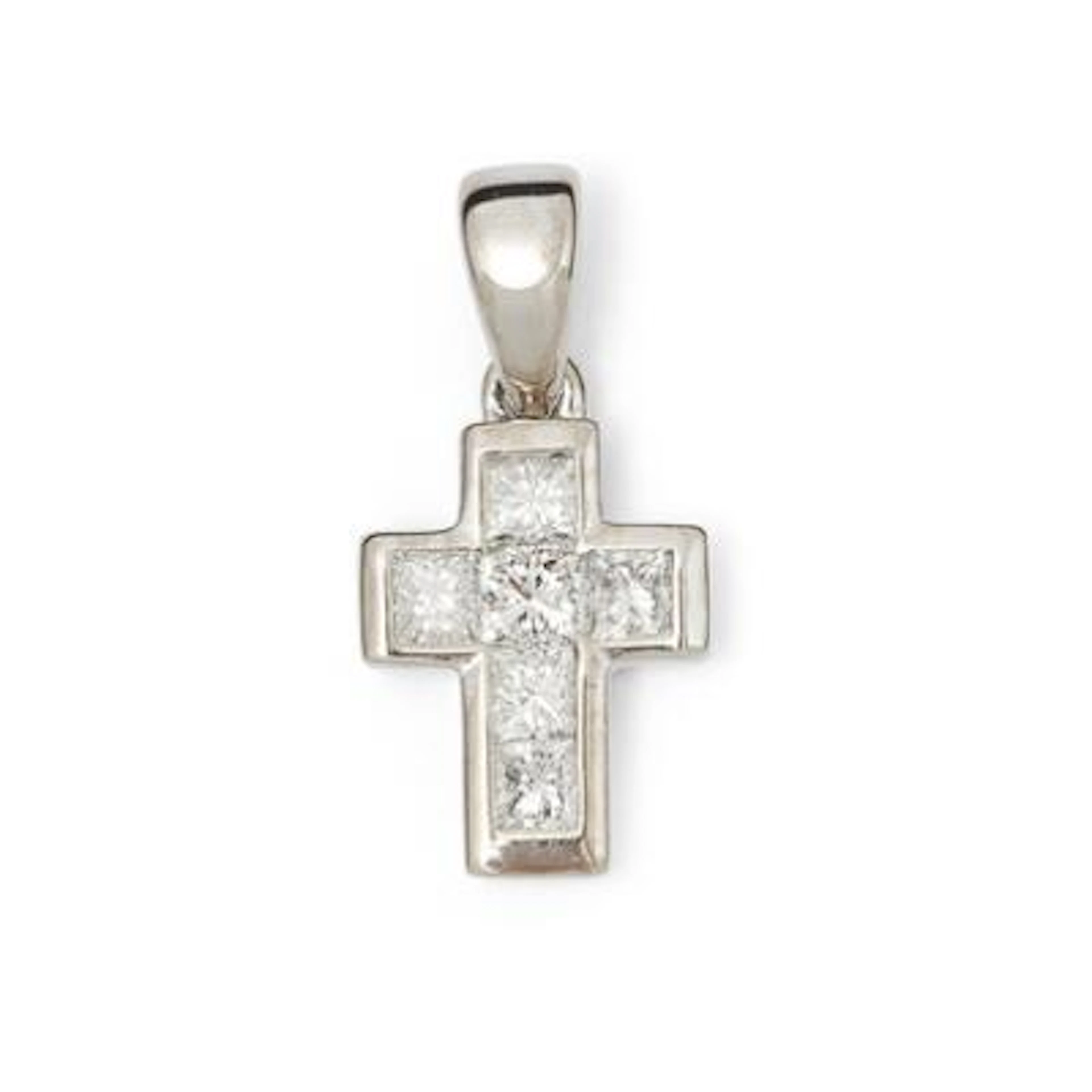 A diamond pendant set with six princess-cut diamonds mounted in 18k