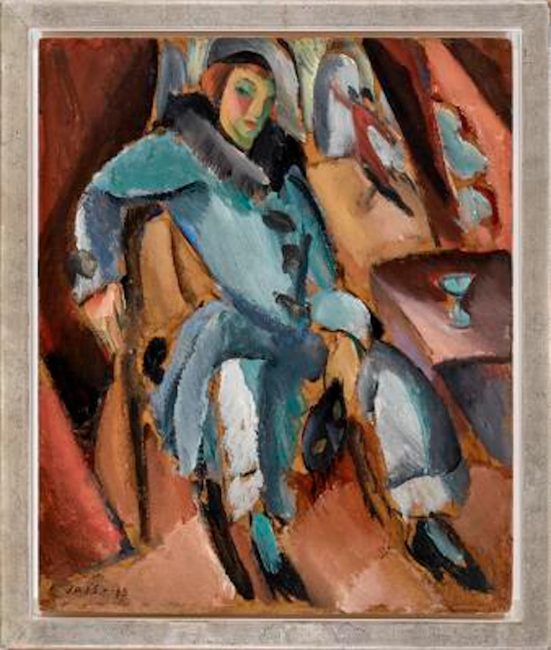 Jais Nielsen: Woman seated in a cafe. Signed Jais-18. Figure composition