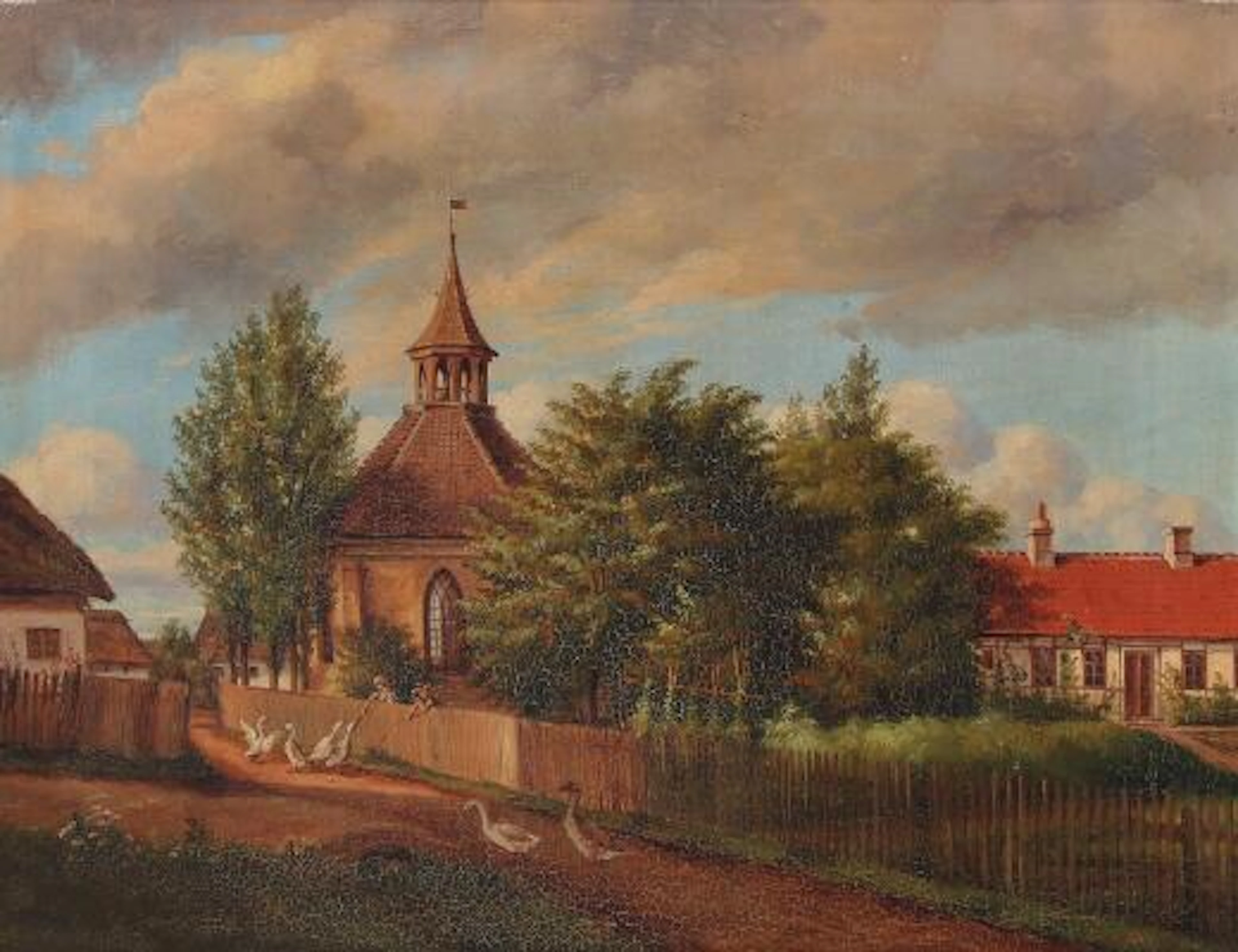 Unknown painter, 19th century: Village scene with two children playing